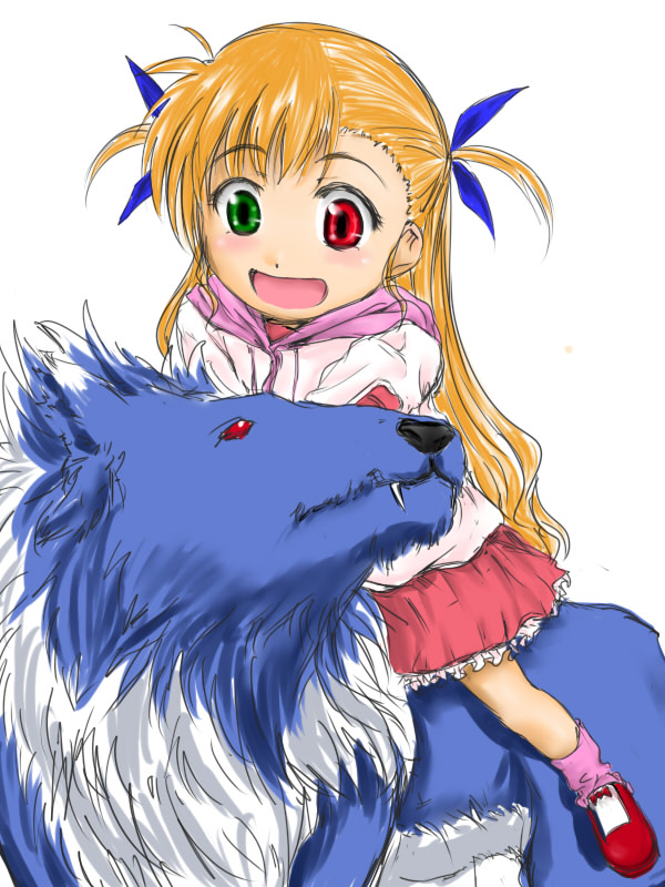 vivio, zafira, lyrical nanoha, mahou shoujo lyrical nanoha, mahou shoujo lyrical nanoha strikers, fur, 00s, 1girl, :d, blonde hair, fang, female focus, green eyes, heterochromia, long hair, open mouth, red eyes, riding, simple background, smile, solo, straddling, teeth, upright straddle, very long hair, white background
