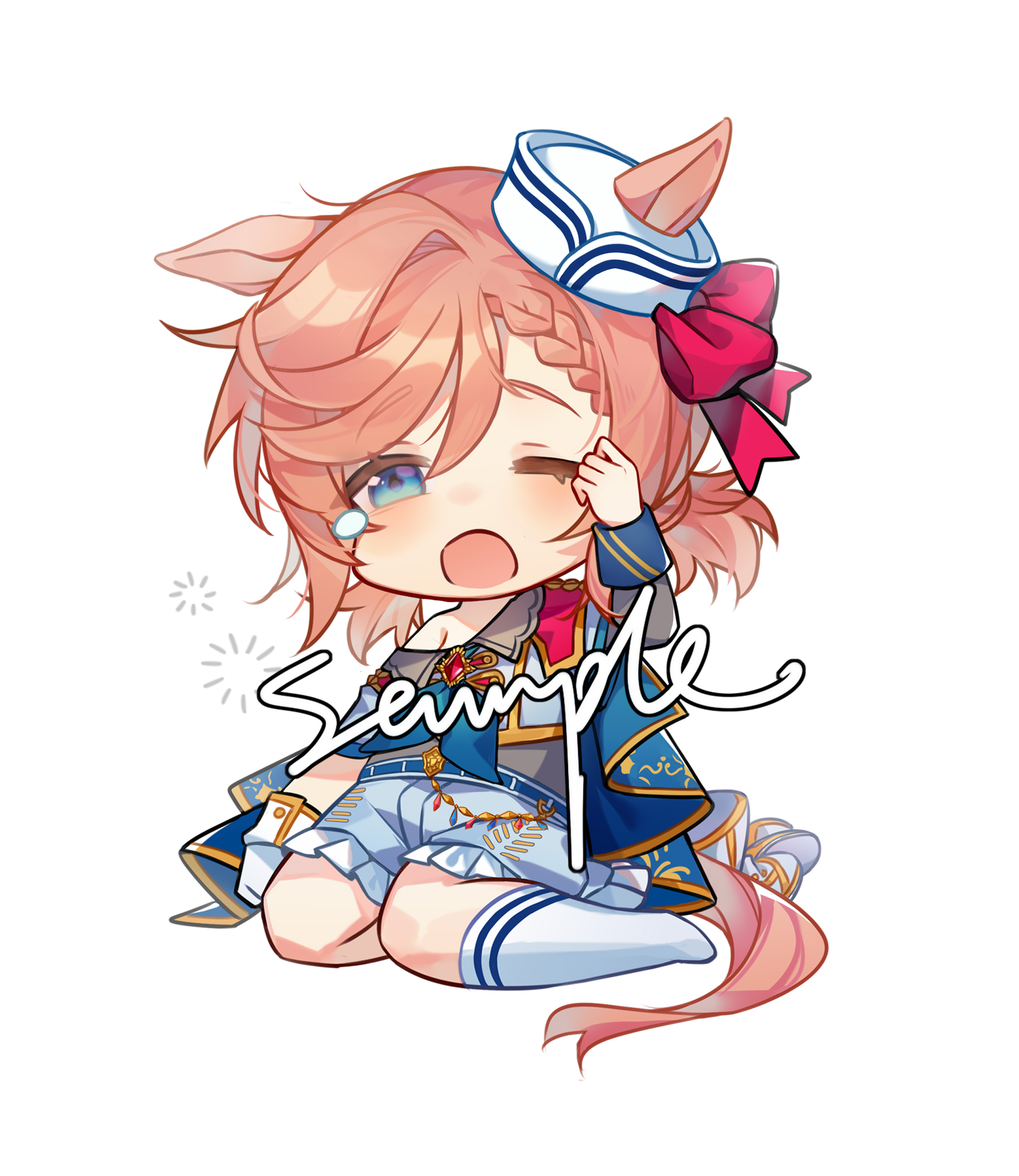 venus paques (umamusume), umamusume, absurdres, highres, 1girl, ;o, animal ears, black boots, blue eyes, blush, boots, bow, braid, brown hair, chibi, chibi only, frilled shorts, frills, full body, gloves, grey shirt, hair bow, hand up, hat, horse ears, horse girl, horse tail, knee boots, long sleeves, off shoulder, one eye closed, open mouth, red bow, sample watermark, shirt, short hair, shorts, simple background, single bare shoulder, single glove, sitting, solo, tail, wariza, watermark, white background, white gloves, white hat, white shorts, xing mang bei zhan le, yawning