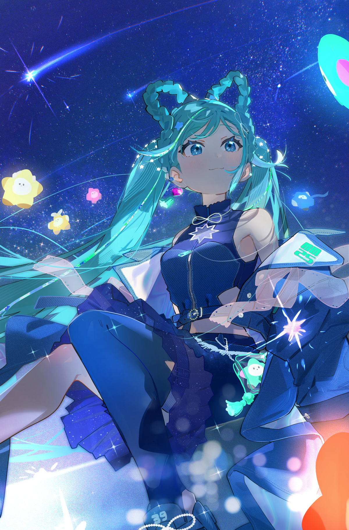 hassan (sink916), hatsune miku, magical mirai miku, magical mirai miku (2025), magical mirai (vocaloid), vocaloid, highres, 1girl, aqua hair, blue eyes, blue jacket, blue skirt, blue thighhighs, braid, braided hair rings, breasts, closed mouth, crop top, earrings, hair ornament, hair rings, jacket, jewelry, long hair, medium breasts, midriff, open clothes, open jacket, shirt, single earring, single thighhigh, skirt, sleeveless, sleeveless shirt, smile, solo, star (symbol), star hair ornament, thighhighs, twintails, very long hair
