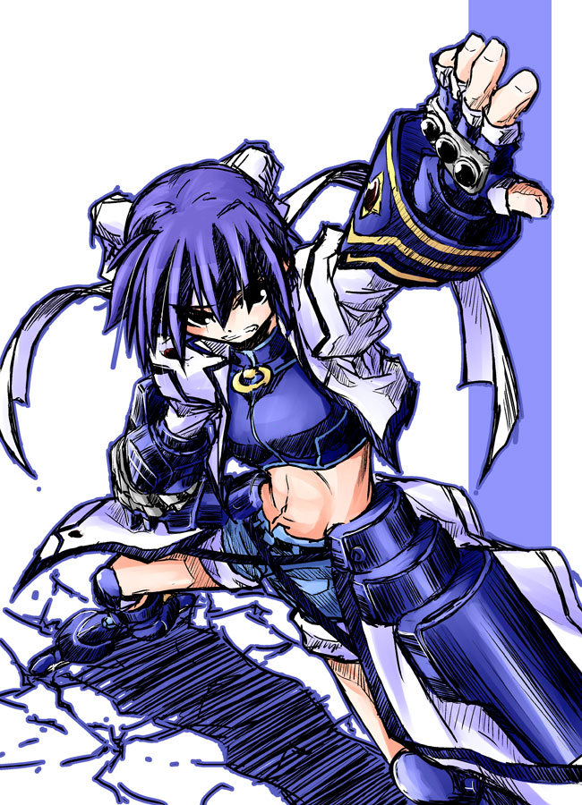 yuuka (o.t.kingdom), mach caliber, revolver knuckle, subaru nakajima, lyrical nanoha, mahou shoujo lyrical nanoha, mahou shoujo lyrical nanoha strikers, 00s, 1girl, androgynous, armor, black gloves, blue hair, brown eyes, female focus, fingerless gloves, gloves, headgear, looking at viewer, machinery, midriff, navel, short hair, simple background, solo, stomach, white background