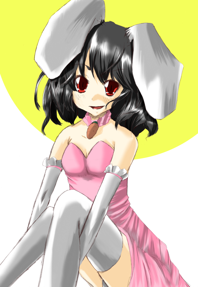 r0g0b0, inaba tewi, touhou, bad id, bad pixiv id, 1girl, animal ears, black hair, elbow gloves, female focus, gloves, rabbit ears, red eyes, simple background, sitting, solo, thighhighs, white background