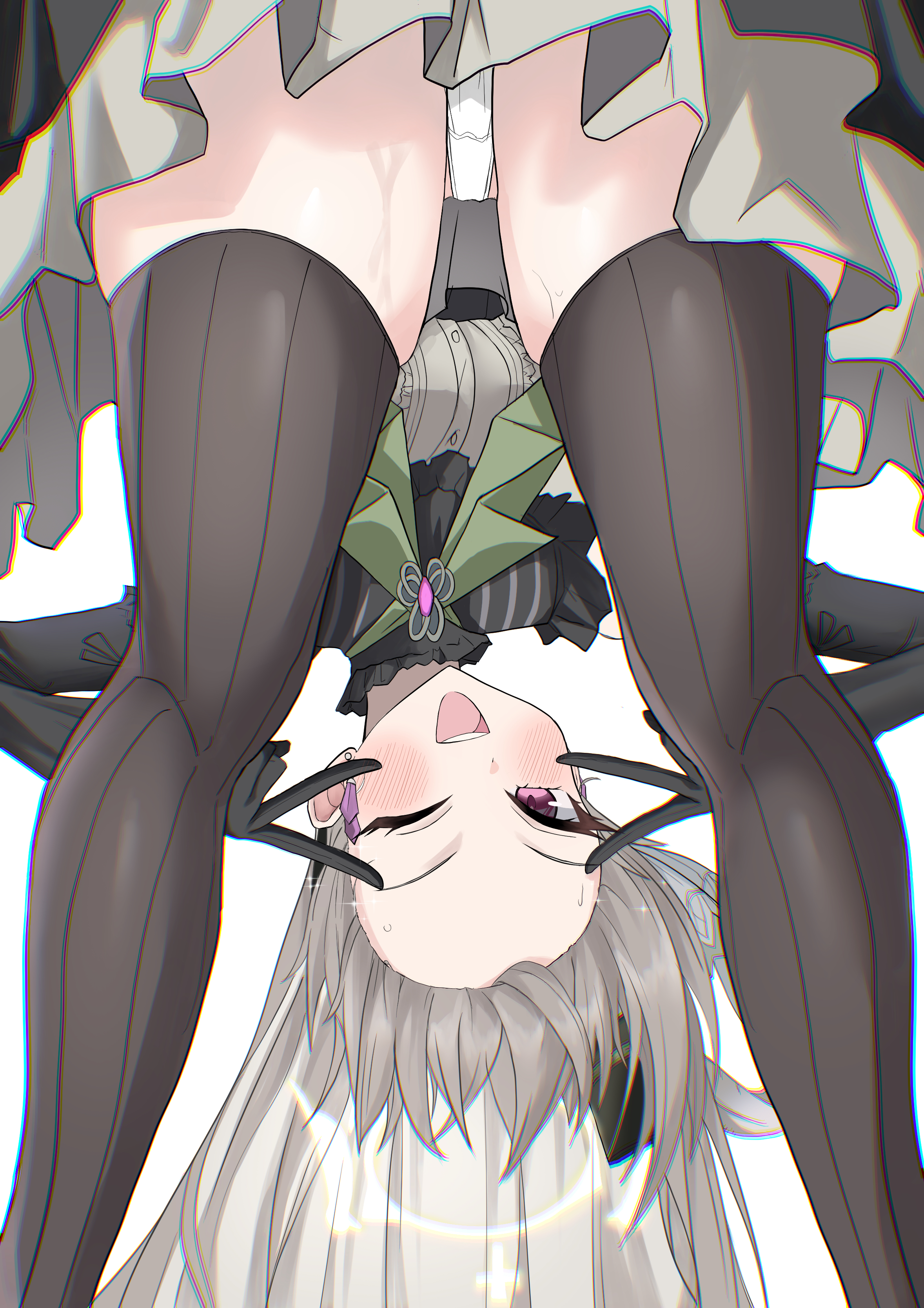 pinnyonn0375, sakurako (blue archive), sakurako (idol) (blue archive), blue archive, absurdres, highres, double v, grey hair, hair down, official alternate costume, one eye closed, open mouth, panties, panty peek, purple eyes, thighs, underwear, v, white panties