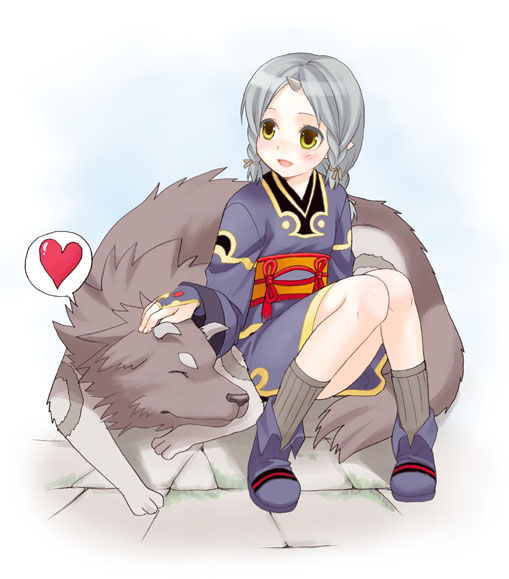 mattaku mousuke, 1girl, braid, female focus, heart, horns, japanese clothes, kimono, solo, wolf, yellow eyes