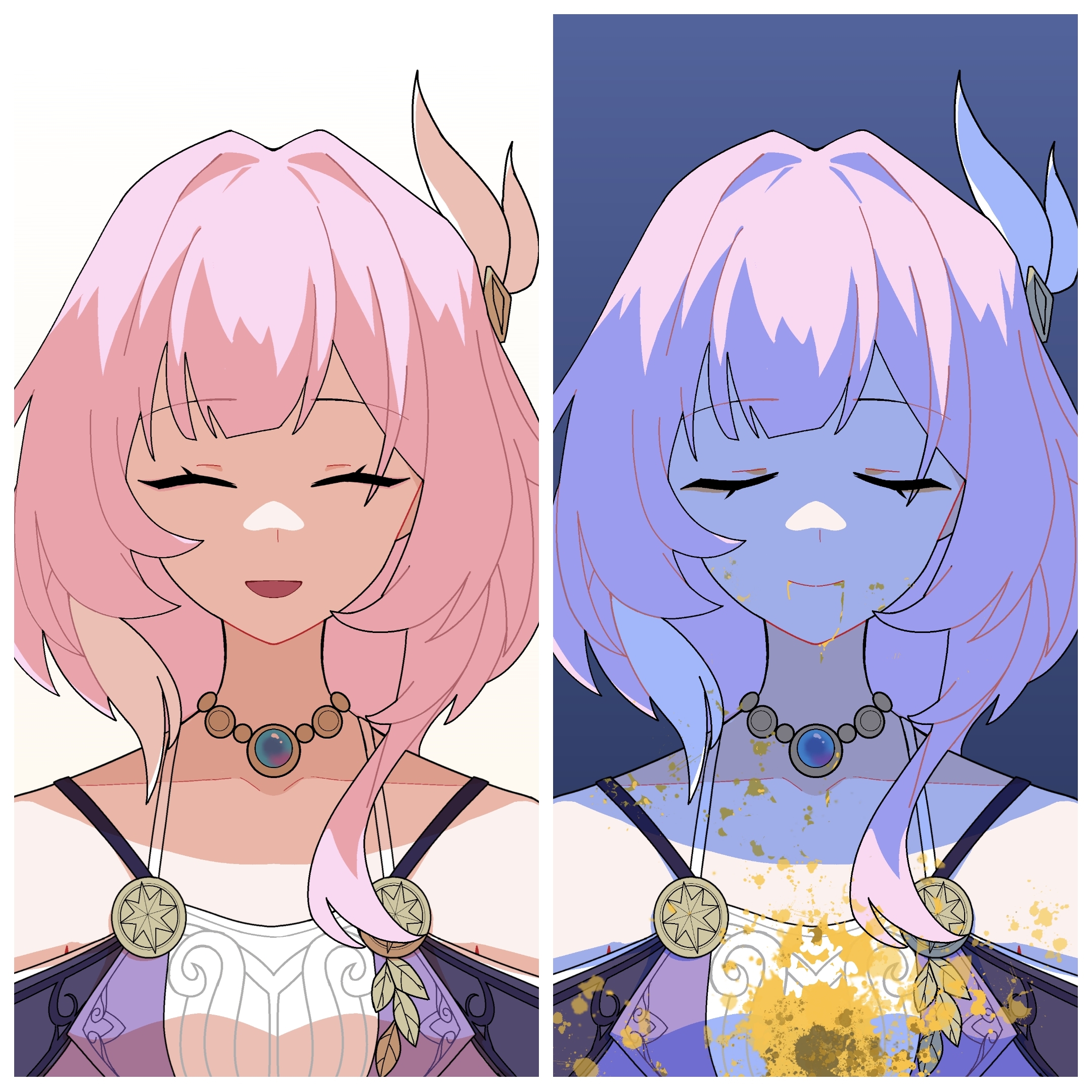 cyrene (honkai: star rail), honkai: star rail, honkai (series), chinese commentary, commentary request, highres, 1girl, bare shoulders, blood, blood from mouth, blood on clothes, blue background, breasts, closed eyes, coat, dress, gold blood, hair ornament, jewelry, multicolored hair, multiple views, necklace, pink hair, purple coat, short hair, small breasts, smile, two-tone hair, white background, white dress, white hair, yu guotie