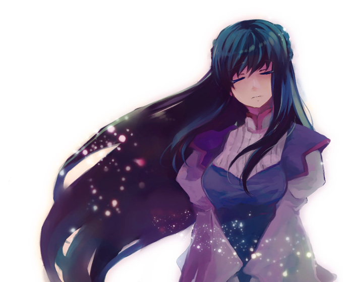 misaki kozue, marina ismail, gundam, gundam 00, 00s, 1girl, ^ ^, black hair, blush, breasts, closed eyes, closed mouth, double bun, dress, facing viewer, female focus, floating hair, hair bun, long hair, long sleeves, princess, simple background, smile, solo, standing, upper body, very long hair, white background, wind