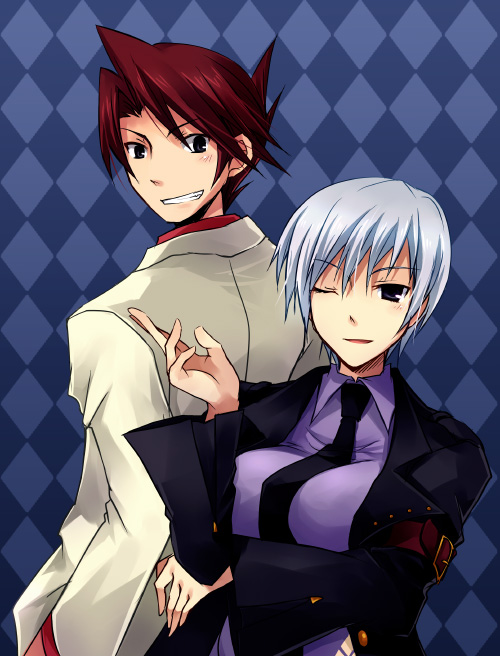 suzushiro kurumi, ushiromiya battler, ushiromiya kyrie, umineko no naku koro ni, silver hair, 00s, 1boy, 1girl, blue eyes, grin, mother and son, necktie, one eye closed, red hair, short hair, smile, wink