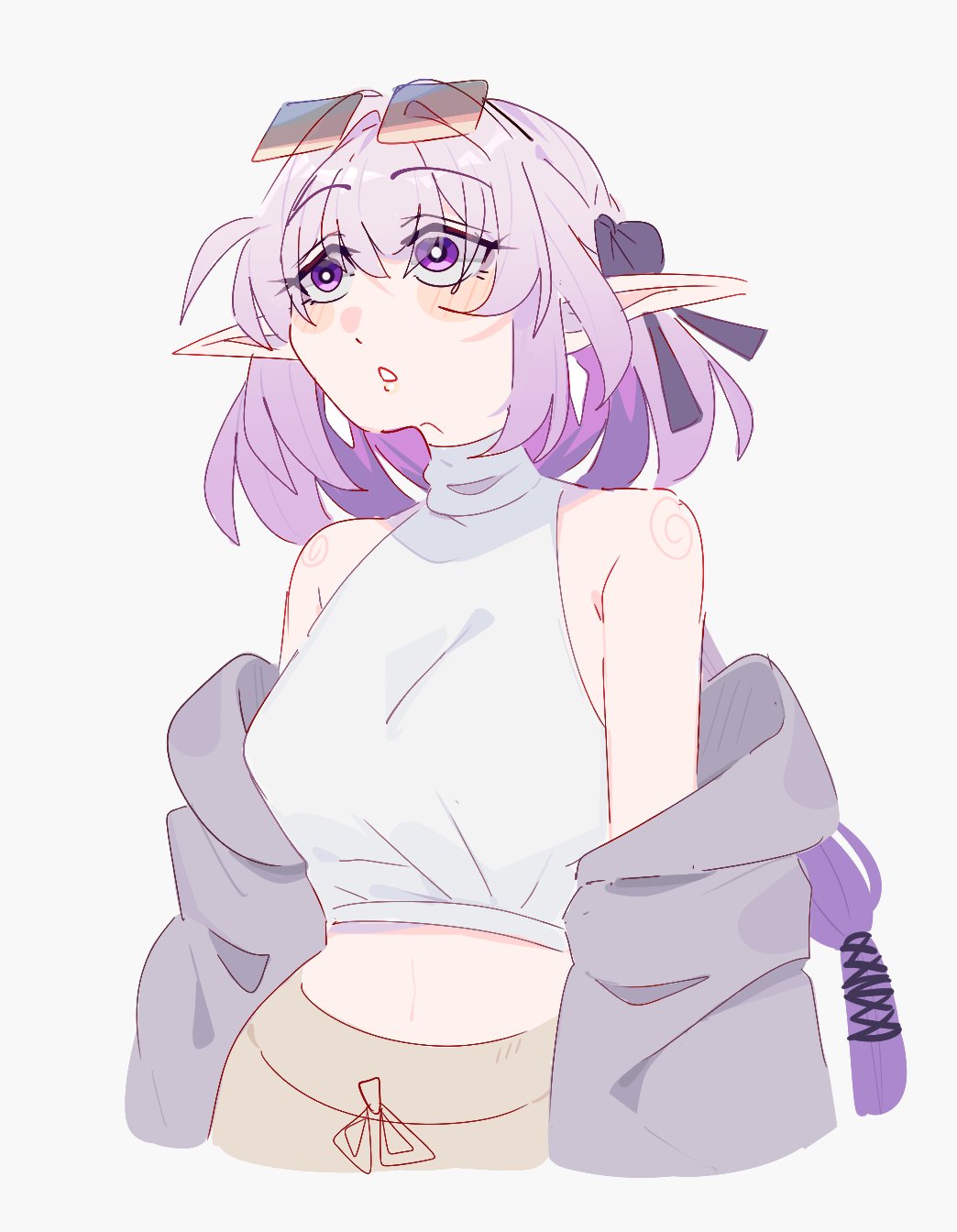 unfamousradish, castorice (honkai: star rail), honkai: star rail, honkai (series), commentary, highres, 1girl, bare shoulders, blush, crop top, eyewear on head, grey background, grey jacket, jacket, jacket partially removed, midriff, navel, off shoulder, parted lips, pointy ears, purple eyes, purple hair, shirt, simple background, sleeveless, sleeveless shirt, solo, stomach, sunglasses, upper body, white shirt