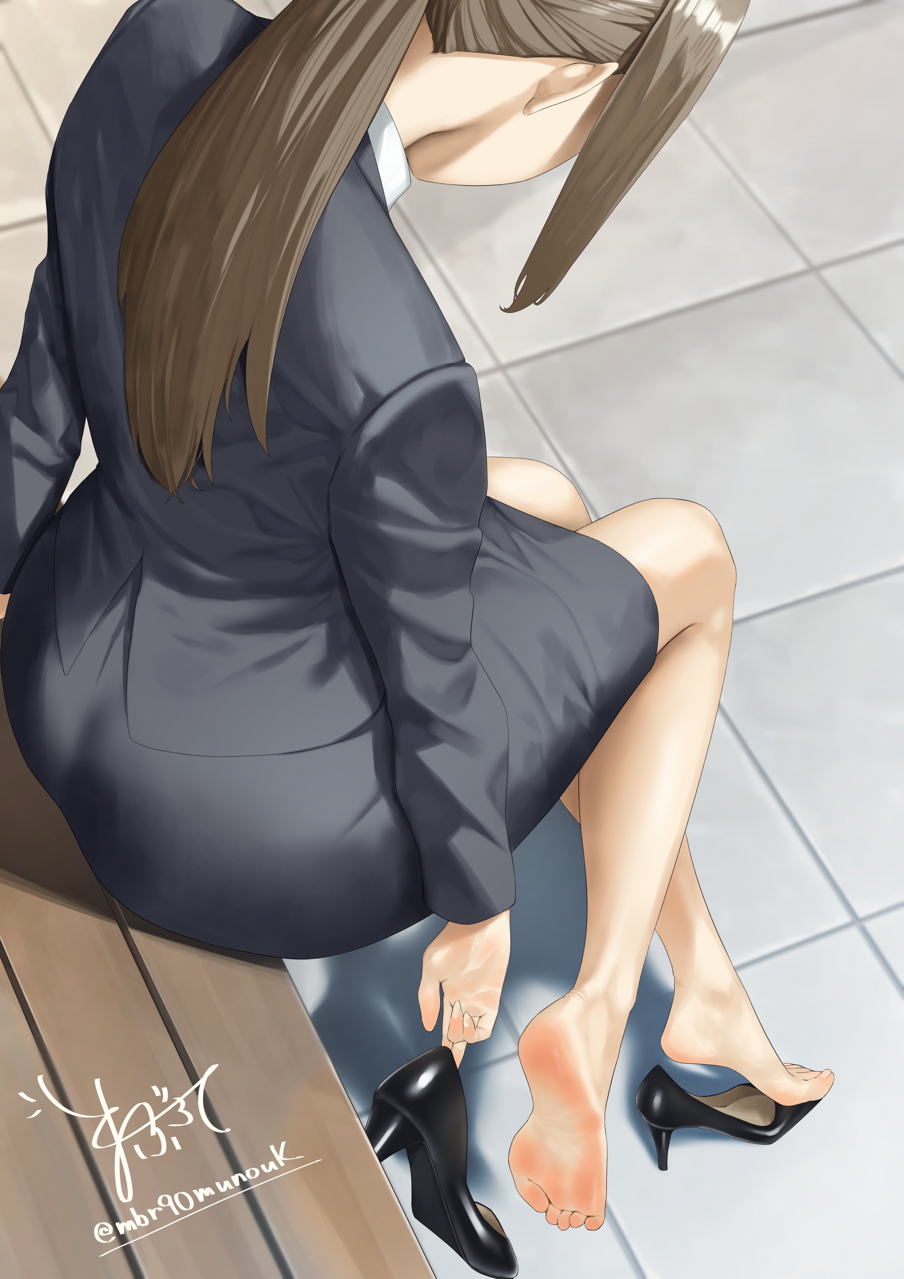 maburoku, original, absurdres, commentary request, highres, 1girl, ass, bare legs, barefoot, bench, black shoes, brown hair, collared shirt, facing away, feet, fingernails, grey jacket, grey skirt, high heels, holding, holding shoes, holding unworn clothes, jacket, long hair, office lady, on bench, pencil skirt, ponytail, pumps, shadow, shirt, shoes, sidelocks, signature, sitting, skirt, soles, solo, toenails, toes, unworn shoes, white shirt, wooden bench