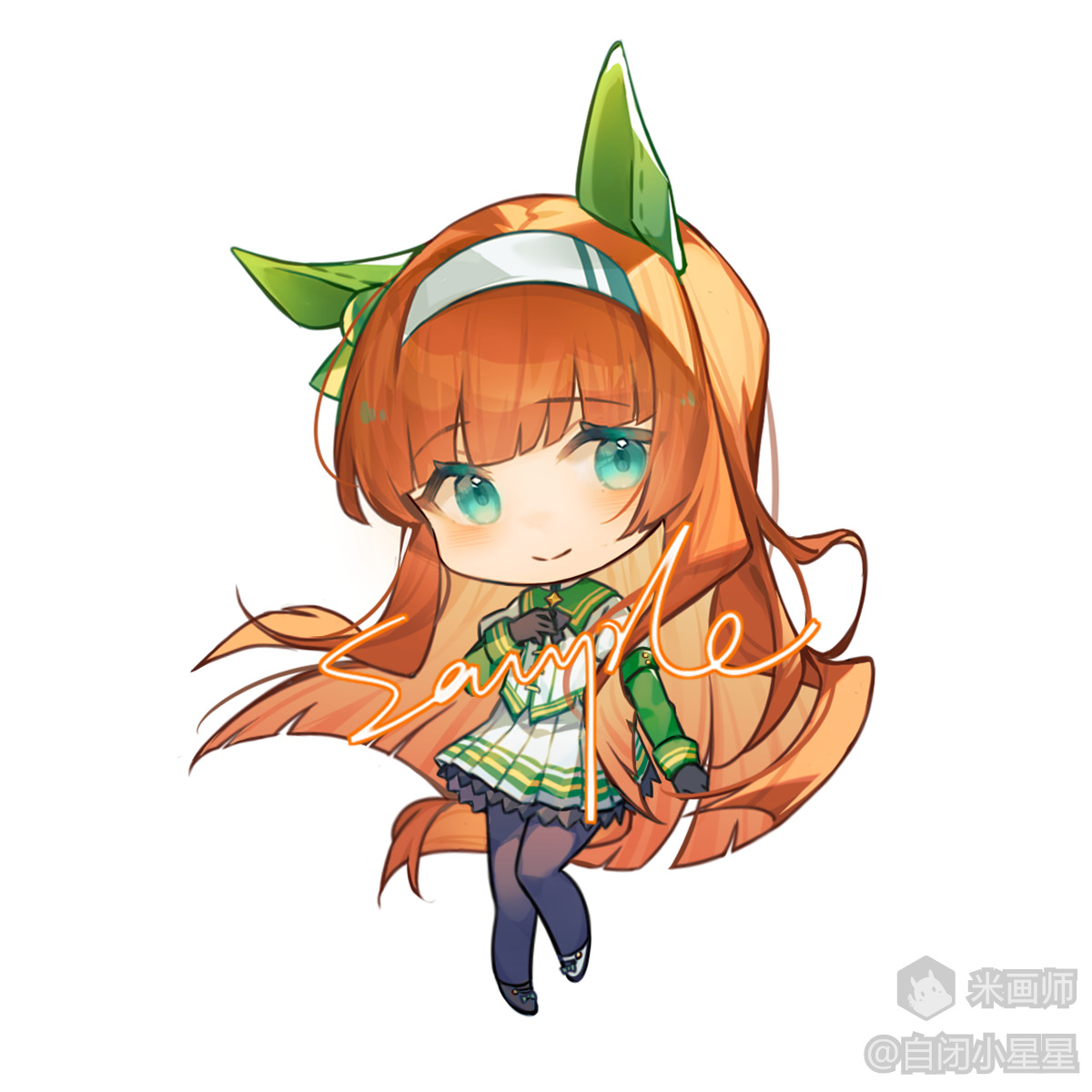 silence suzuka (umamusume), umamusume, highres, 1girl, animal ears, asymmetrical footwear, black gloves, black pantyhose, black shoes, blunt bangs, blunt ends, blush, chibi, chibi only, closed mouth, ear covers, full body, gloves, green eyes, hairband, horse ears, horse girl, horse tail, jacket, long hair, long sleeves, looking at viewer, mihuashi username, mismatched footwear, orange hair, pantyhose, pleated skirt, sample watermark, shoes, silence suzuka (racing) (umamusume), simple background, skirt, smile, solo, standing, tail, very long hair, watermark, white background, white hairband, white jacket, white shoes, white skirt, xing mang bei zhan le