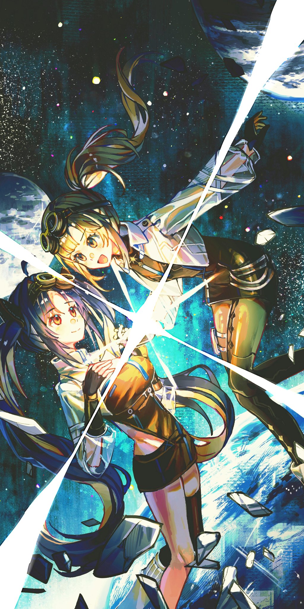 arcaea, highres, 2girls, black gloves, black shirt, black skirt, black thighhighs, blonde hair, blue eyes, blue hair, boots, breasts, clothing cutout, curtained hair, dhmo is h2o, full body, glass shards, gloves, goggles, goggles on head, green hair, high ponytail, jacket, knee boots, leather, leather skirt, looking at another, medium breasts, medium hair, mitsuko (arcaea), multicolored eyes, multiple girls, nonoka (arcaea), open clothes, ponytail, red eyes, see-through clothes, shirt, single thighhigh, skirt, smile, thigh strap, thighhighs, twintails, two-tone eyes, two-tone gloves, v-shaped eyebrows, white boots, white jacket, white sleeves, yellow eyes, yellow gloves, yellow thighhighs, yuri