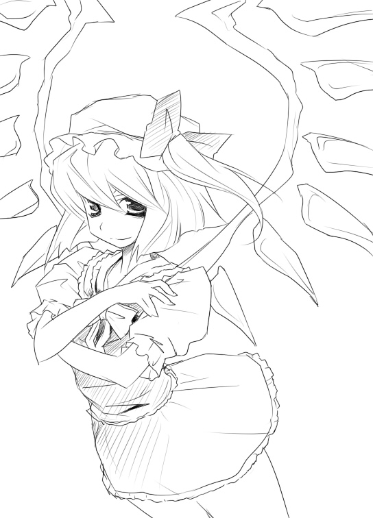 hermmy, flandre scarlet, touhou, 1girl, cowboy shot, crystal, demon wings, dress, female focus, greyscale, hat, looking at viewer, mob cap, monochrome, puffy short sleeves, puffy sleeves, short hair, short sleeves, solo, standing, vampire, wings