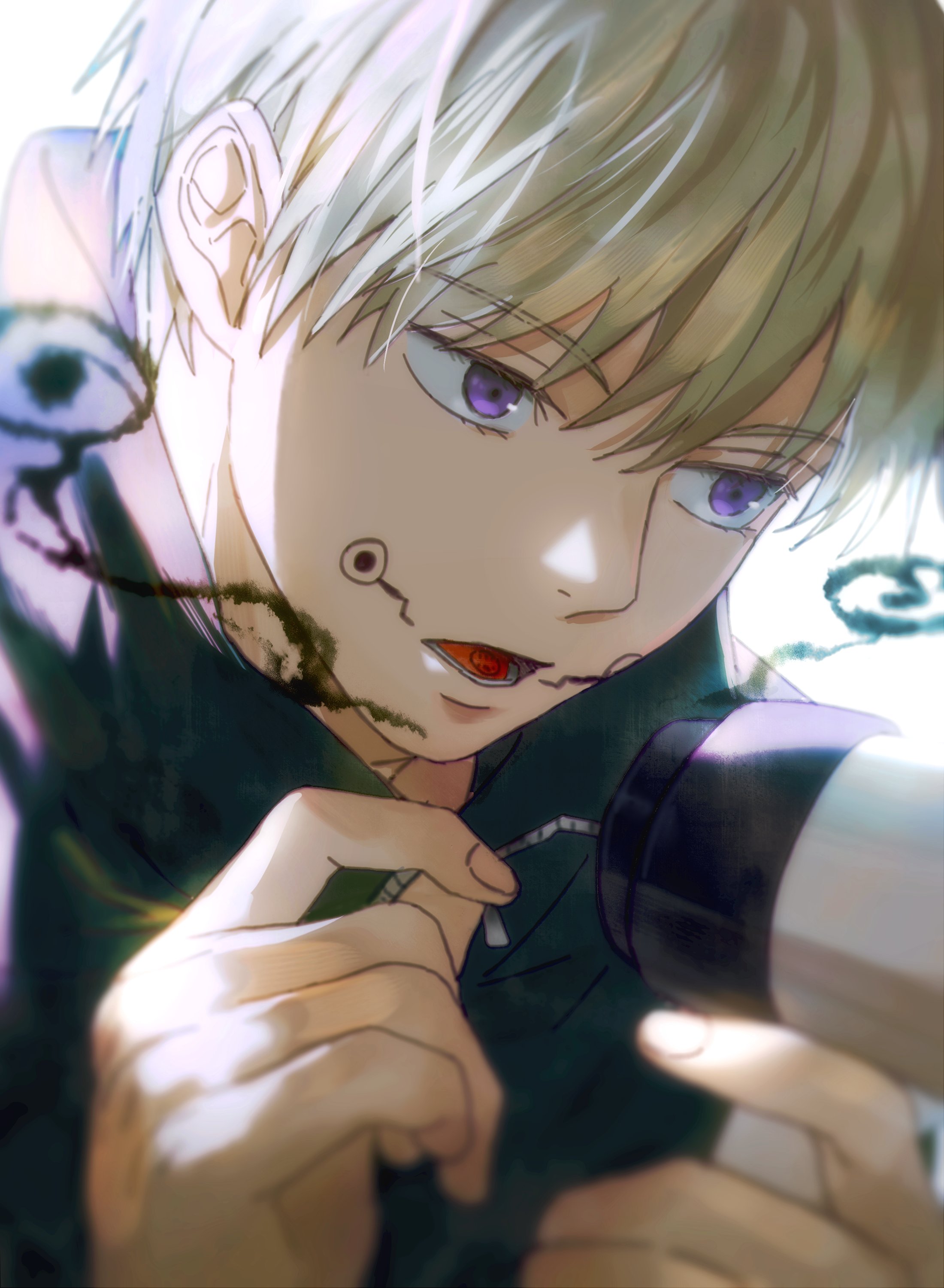 yoon (dmsco1803), inumaki toge, jujutsu kaisen, absurdres, highres, 1boy, fingernails, grey hair, hands up, high collar, holding, holding megaphone, lower teeth only, male focus, megaphone, open mouth, purple eyes, solo, tattoo, teeth, tongue tattoo, white background, zipper pull tab