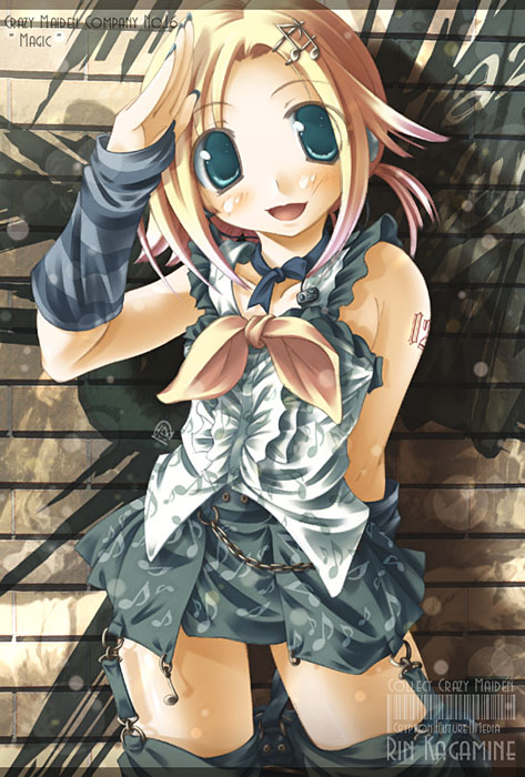 kagamine rin, vocaloid, striped, 1girl, :d, alternate costume, alternate hairstyle, arm behind back, arm warmers, beamed quavers, blue eyes, blush, chain, character name, cowboy shot, female focus, fortissimo, frills, garter straps, gradient hair, hair ornament, hairclip, hand up, legs apart, letterboxed, looking at viewer, miniskirt, multicolored hair, musical note, musical note hair ornament, musical note print, open mouth, parted bangs, quaver, salute, skirt, sleeveless, smile, solo, standing, tattoo, thighhighs