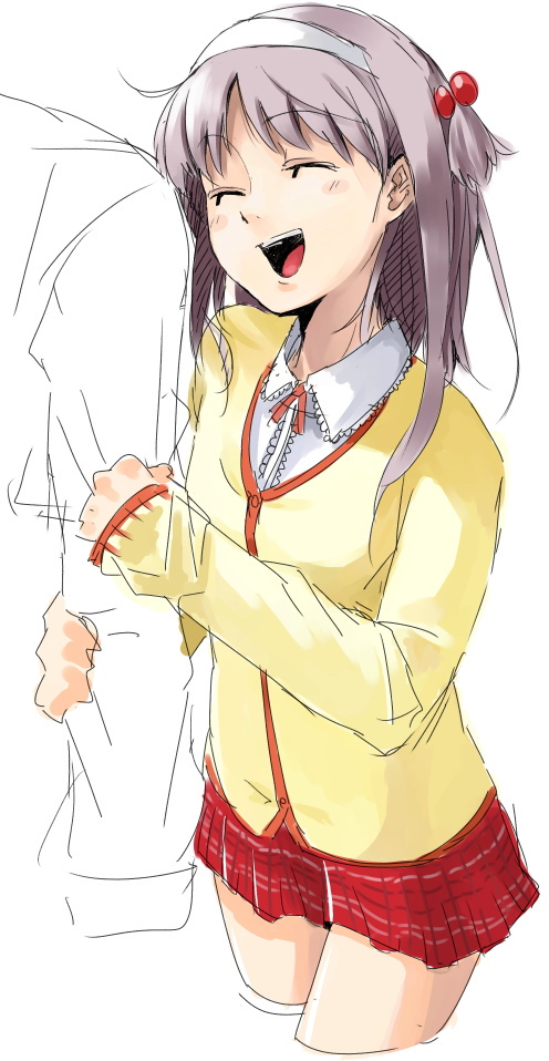 yamamoto enji, nanako, nanako (to heart 2), to heart (series), to heart 2, 00s, happy, purple hair, school uniform, serafuku, skirt, solo