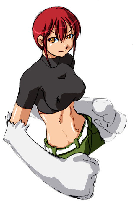 qkat (arikawa-dou), riza wildman, kaibutsu oujo, 00s, animal hands, midriff, orange eyes, red hair