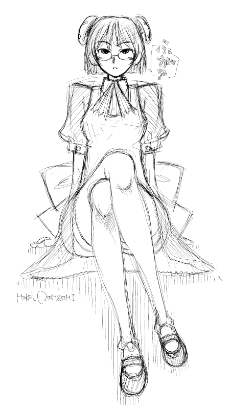 mike156, francisca (kaibutsu oujo), kaibutsu oujo, 00s, 1girl, android, female focus, full body, glasses, greyscale, maid, monochrome, sketch, solo