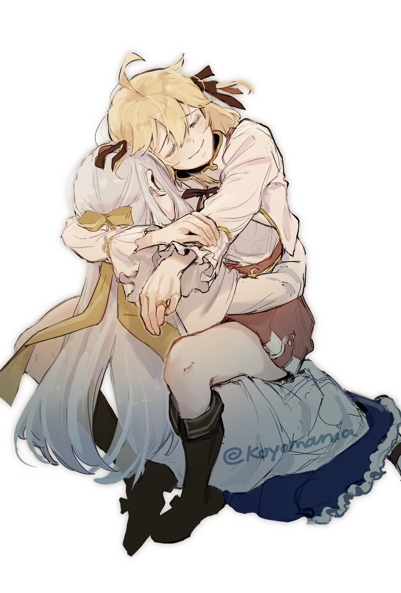 koyomania, anisphia wynn palettia, euphyllia magenta, tensei oujo to tensai reijou no mahou kakumei, highres, 2girls, black ribbon, blonde hair, blush, boots, bow, closed eyes, dress, grey hair, hair ribbon, hug, leg lock, long hair, long sleeves, medium hair, multiple girls, ribbon, shirt, simple background, skirt, smile, straddling, upright straddle, white background, yellow ribbon, yuri