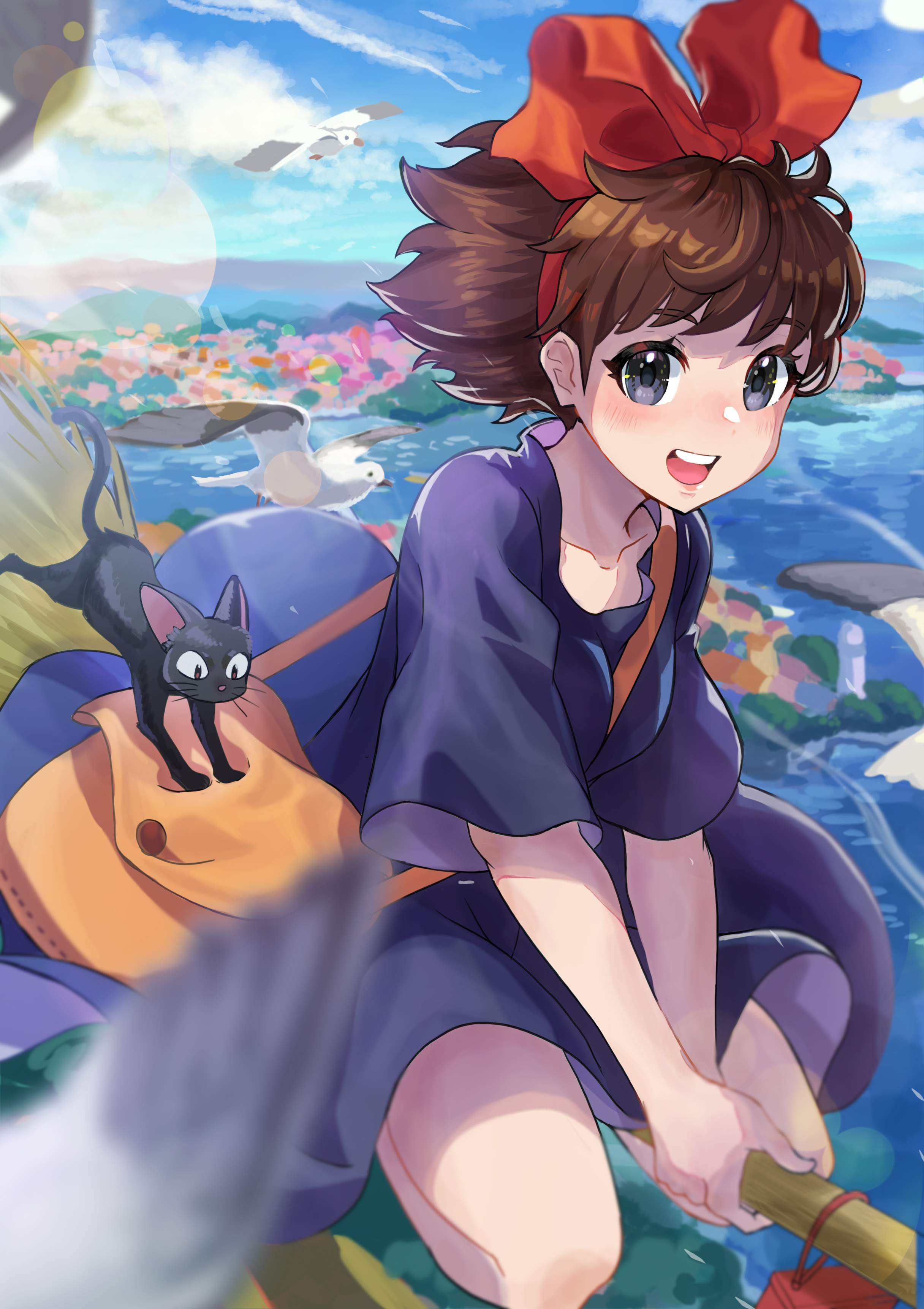 3 reversible, jiji (majo no takkyuubin), kiki (majo no takkyuubin), majo no takkyuubin, absurdres, commentary, highres, 1girl, :d, bag, blue dress, blue eyes, blue sky, blush, bow, broom, broom riding, brown hair, cat, cloud, collarbone, day, dress, hair bow, open mouth, outdoors, red bow, short hair, short sleeves, shoulder bag, sky, smile, solo