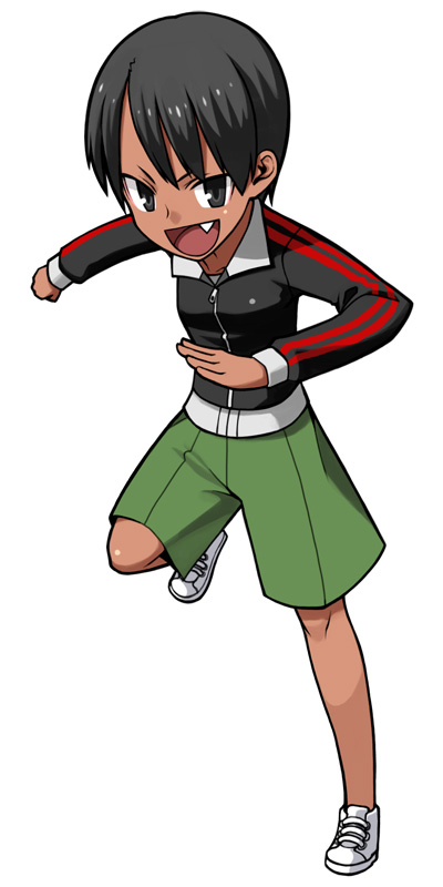yu 65026, makidera kaede, fate/stay night, fate (series), 00s, 1girl, androgynous, dark-skinned female, dark skin, fang, female focus, full body, reverse trap, shoes, short hair, solo, standing, tomboy