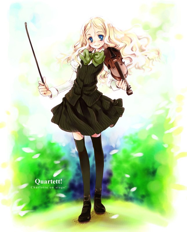 kurafuji sachi, charlotte francia, quartett!, bad id, bad pixiv id, 1girl, black shoes, black thighhighs, blonde hair, blue eyes, bow, female focus, instrument, shoes, solo, thighhighs, violin