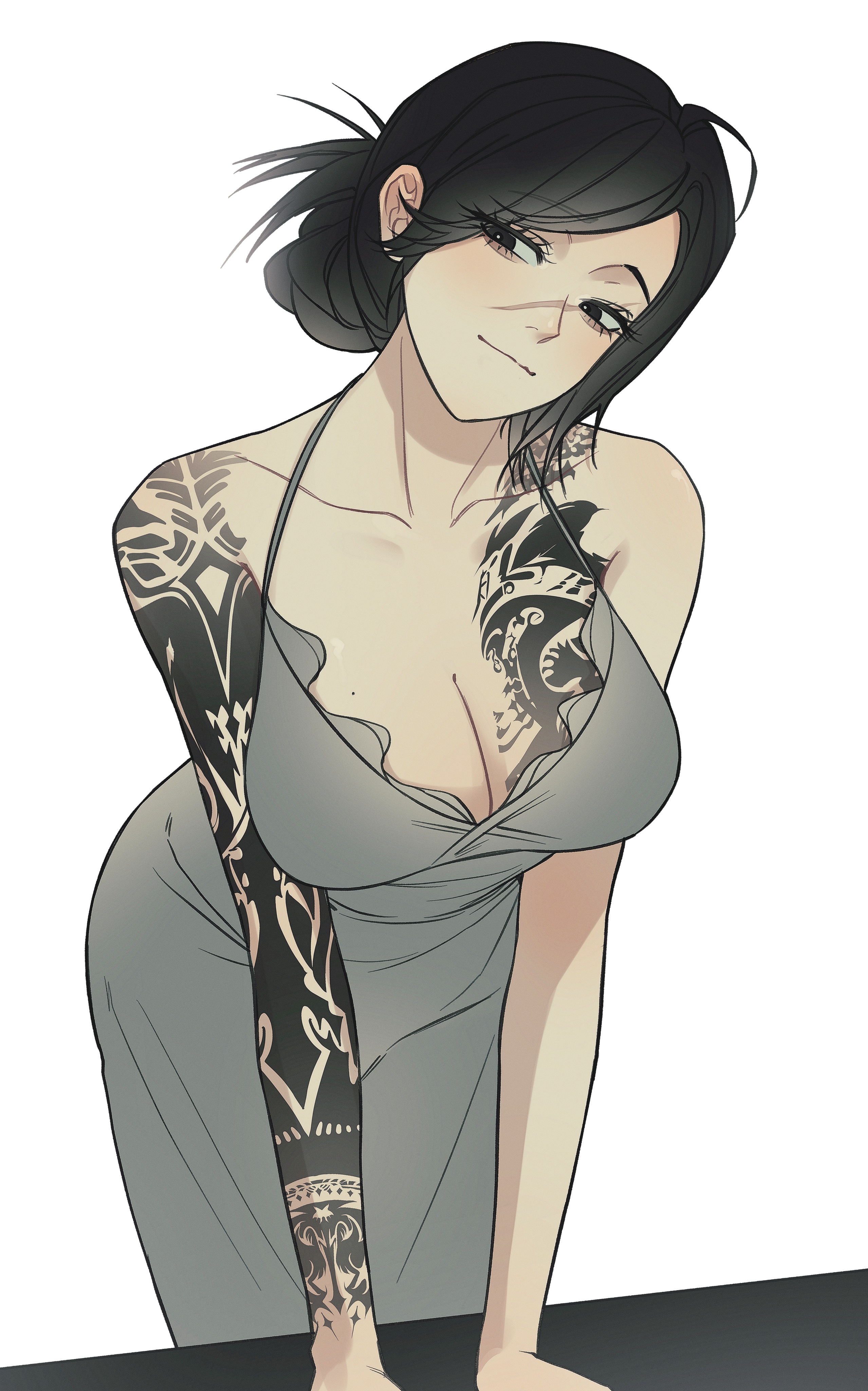 original, absurdres, highres, 1girl, arm rest, arm support, arm tattoo, ass, bare shoulders, black eyes, black hair, breast tattoo, breasts, cleavage, closed mouth, collarbone, cowboy shot, dongtan dress, dress, facing viewer, grey dress, hair bun, halter dress, halterneck, large breasts, light smile, looking to the side, medium hair, mole, mole on breast, scar, scar on face, simple background, sleeveless, sleeveless dress, solo, swept bangs, tattoo, tuiwwoi, white background