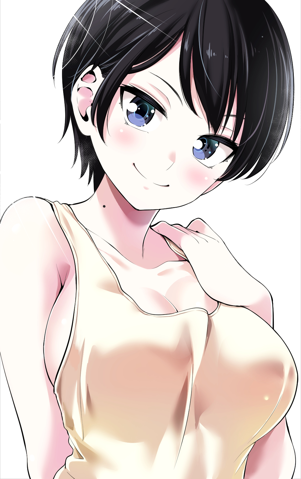 hinoharaf (14310486), original, commentary, highres, 1girl, armpit crease, black hair, blush, breasts, cleavage, closed mouth, collarbone, hand on own shoulder, hand up, large breasts, looking at viewer, mole, mole on neck, no bra, parted bangs, purple eyes, short hair, simple background, smile, solo, split mouth, tank top, upper body, very short hair, white background, yellow tank top