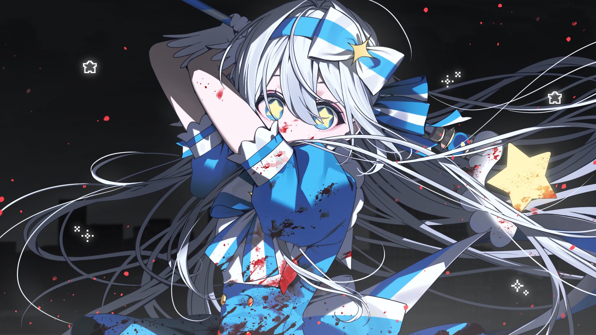 youichi (45 01), aitsuki nakuru, la priere, commentary, highres, symbol-only commentary, 1girl, blood, blood on clothes, blood on face, blue eyes, bow, dress, hair between eyes, long hair, looking at viewer, messy hair, short sleeves, solo, sparkling eyes, star-shaped pupils, star (symbol), striped bow, symbol-shaped pupils, upper body, utaite