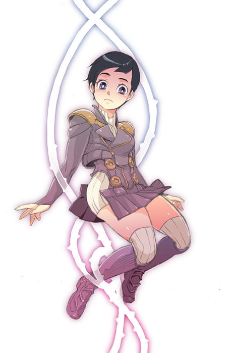 sera, seraphita angel, atlus, digital devil saga, shin megami tensei, plaid, 1girl, black hair, blue eyes, boots, brown boots, female focus, full body, grey thighhighs, knee boots, long sleeves, looking at viewer, miniskirt, short hair, simple background, skirt, solo, thighhighs, white background