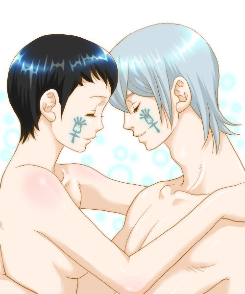 sera, seraphita angel, serph, atlus, digital devil saga, shin megami tensei, 1boy, 1girl, black hair, closed eyes, couple, facial mark, grey hair, hetero, hug, nude, short hair, tattoo