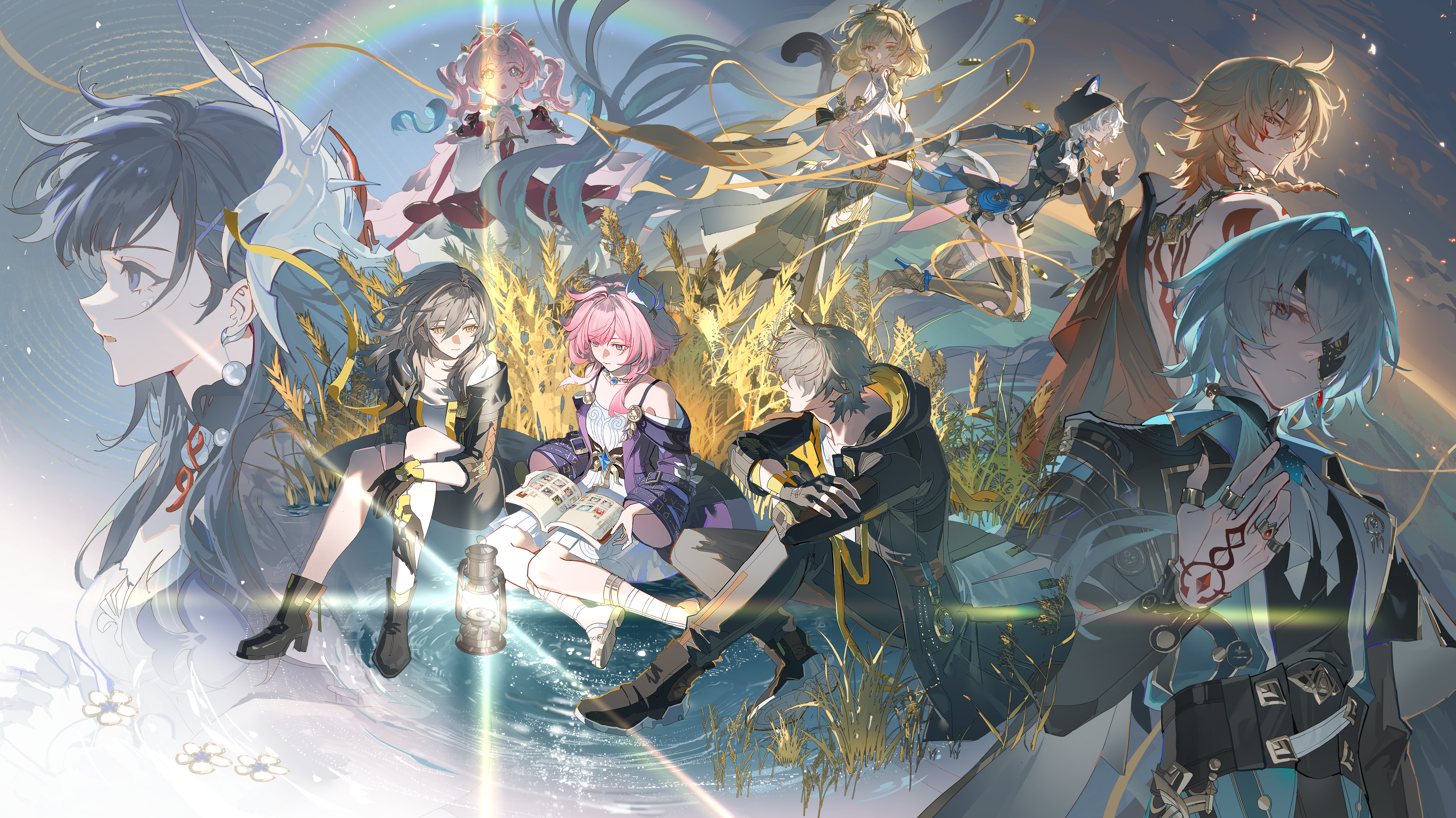 guaisanmu, aglaea (honkai: star rail), anaxa (honkai: star rail), caelus (honkai: star rail), cipher (honkai: star rail), cyrene (honkai: star rail), hyacine (honkai: star rail), hysilens (honkai: star rail), mydei (honkai: star rail), stelle (honkai: star rail), trailblazer (honkai: star rail), honkai: star rail, honkai (series), absurdres, chinese commentary, commentary request, highres, 3boys, 6+girls, animal ears, animal hood, aqua eyes, aqua hair, back tattoo, black boots, black coat, black gloves, black leotard, black pants, blonde hair, blue eyes, boots, breasts, cat ears, cat girl, cat hood, chrysos heirs (honkai: star rail), cleavage, coat, dress, eyepatch, gloves, gold boots, green hair, grey hair, hair ornament, hood, jewelry, large breasts, leotard, long hair, medium hair, multicolored hair, multiple boys, multiple girls, necklace, pants, pink hair, purple coat, rainbow, red dress, red tank top, shirt, short hair, tank top, tattoo, thighs, thread, twintails, two-tone hair, wheat, white shirt, yellow eyes
