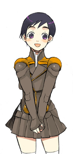 sera, seraphita angel, atlus, digital devil saga, shin megami tensei, 1girl, :d, armor, black hair, black skirt, blue eyes, female focus, looking at viewer, military, military uniform, open mouth, pleated skirt, short hair, shoulder pads, simple background, skirt, smile, solo, thighhighs, white background, white thighhighs, zettai ryouiki