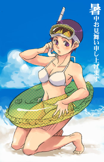 sera, seraphita angel, atlus, digital devil saga, shin megami tensei, 1girl, barefoot, beach, bikini, day, diving mask, feet, female focus, goggles, innertube, kneeling, ocean, outdoors, purple eyes, purple hair, short hair, side-tie bikini bottom, snorkel, solo, swim ring, swimsuit, toes, white bikini