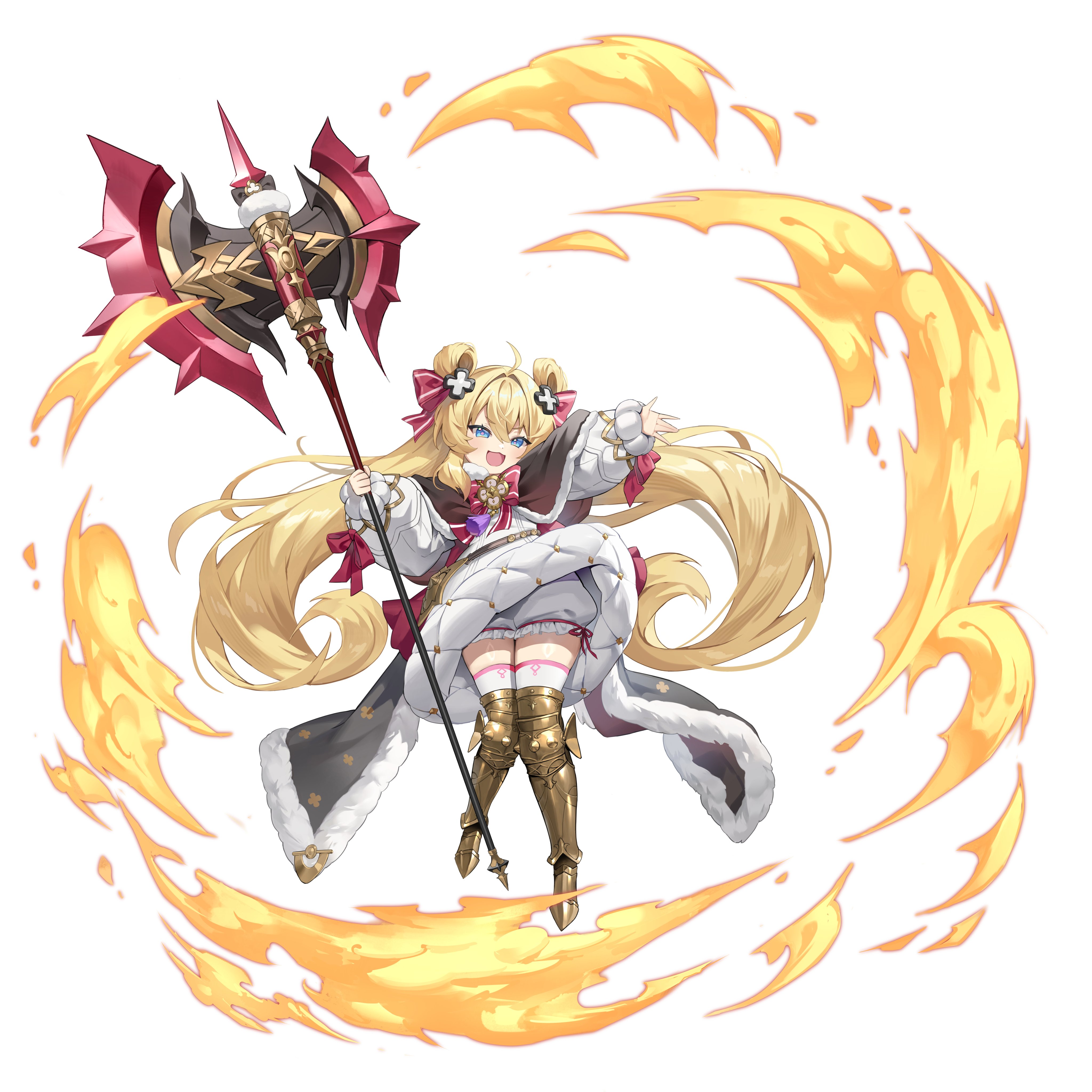 obu (da1103ll), original, fluffy hair, absurdres, commentary request, highres, 1girl, :d, ahoge, armored boots, axe, battle axe, belt, blonde hair, bloomers, blue eyes, boots, bow, cape, cape clasp, coat, cross hair ornament, dot nose, double-parted bangs, fire, fur-trimmed cape, fur trim, hair between eyes, hair bow, hair ornament, hair rings, holding, holding weapon, huge weapon, long eyelashes, long hair, long sidelocks, open mouth, outstretched hand, pink pupils, puffy coat, puffy wrist cuffs, shiny skin, sidelocks, smile, solo, tassel, thighhighs, twintails, underwear, very long hair, weapon, white background, winter clothes, winter coat