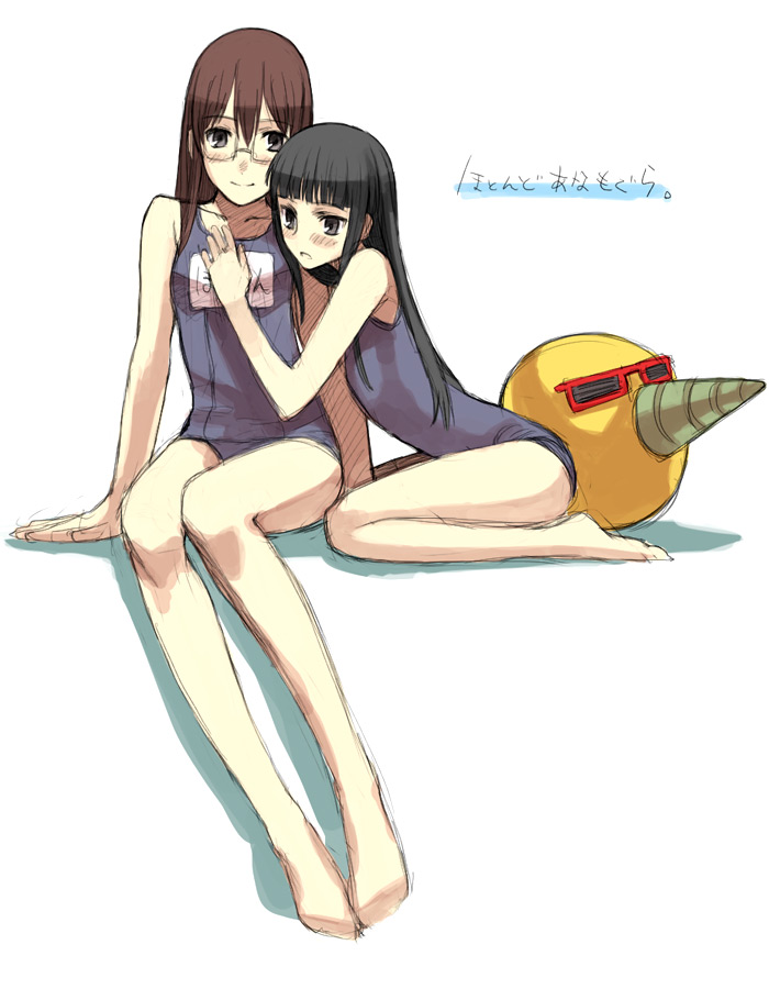yu 65026, 2girls, barefoot, feet, flat chest, glasses, multiple girls, name tag, one-piece swimsuit, school swimsuit, sketch, swimsuit