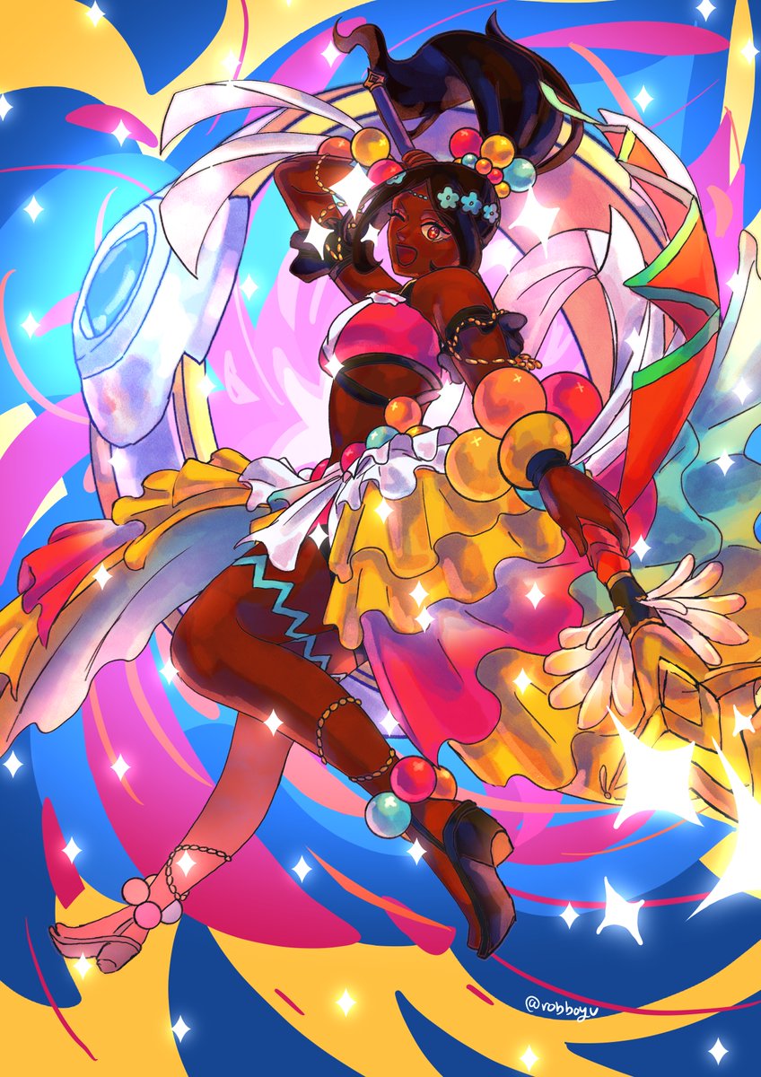 timerra (fire emblem), fire emblem, fire emblem engage, nintendo, highres, 1girl, bare shoulders, bracelet, crop top, dark-skinned female, dark skin, eyeliner, eyeshadow, jewelry, looking at viewer, makeup, open mouth, pearl anklet, pearl belt, pearl bracelet, pearl hair ornament, pink eyeliner, pink eyeshadow, ponytail, robboyu, smile, very dark skin