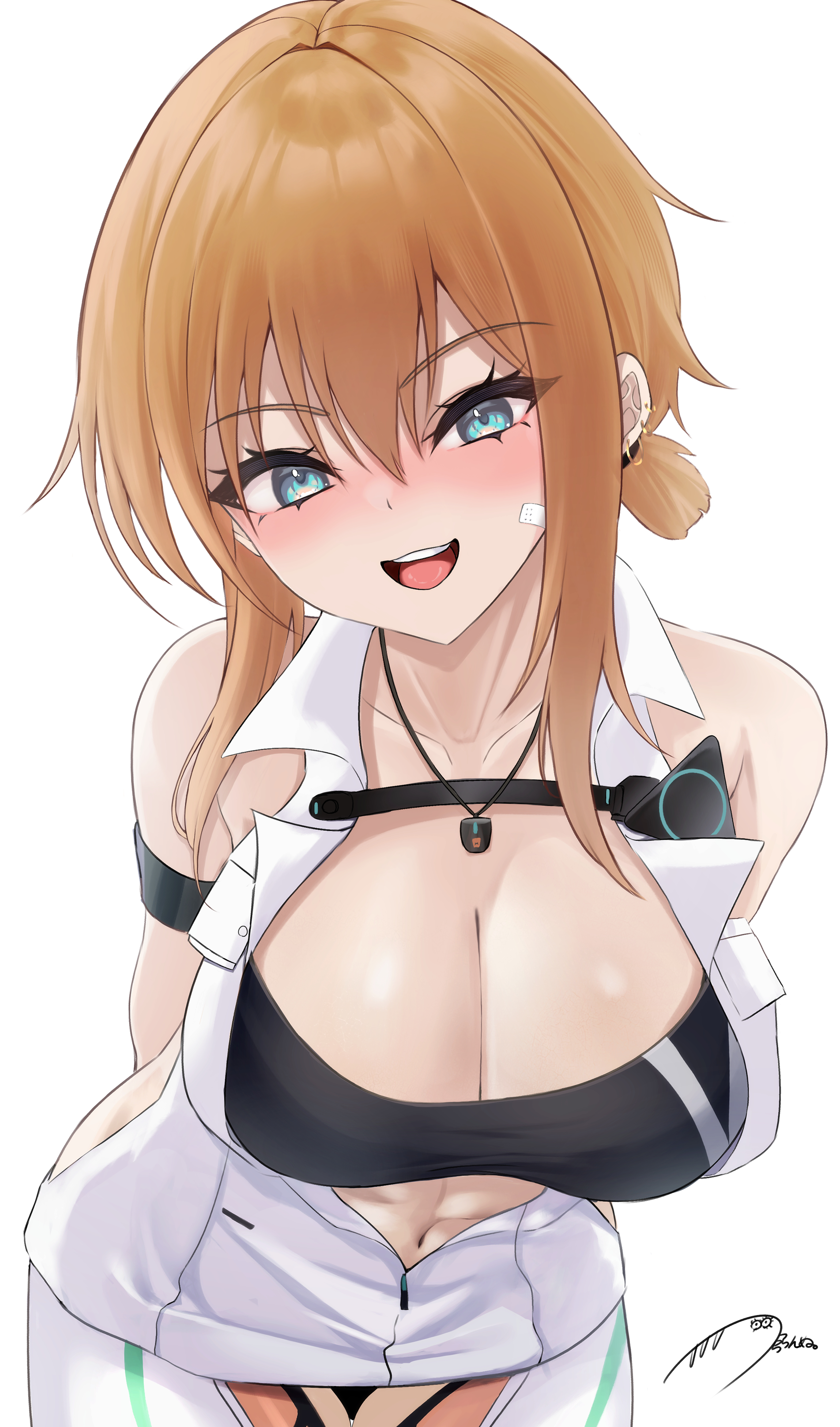 shimotsuki tsurara, maxwell (nikke), goddess of victory: nikke, absurdres, commentary request, highres, 1girl, :d, abs, armband, arms behind back, bandaid, bandaid on cheek, bandaid on face, bare shoulders, black armband, black sports bra, blonde hair, blue eyes, blush, breasts, chest strap, cleavage, clothing cutout, collarbone, cowboy shot, dress, ear piercing, hair between eyes, hip vent, jewelry, large breasts, leaning forward, leggings, looking at viewer, multiple piercings, navel, necklace, official alternate costume, open mouth, partially unzipped, piercing, ponytail, short hair, short hair with long locks, short ponytail, side cutout, sidelocks, signature, simple background, sleeveless, sleeveless dress, smile, solo, sports bra, standing, stomach, teeth, upper teeth only, white background, white dress, white leggings, zipper