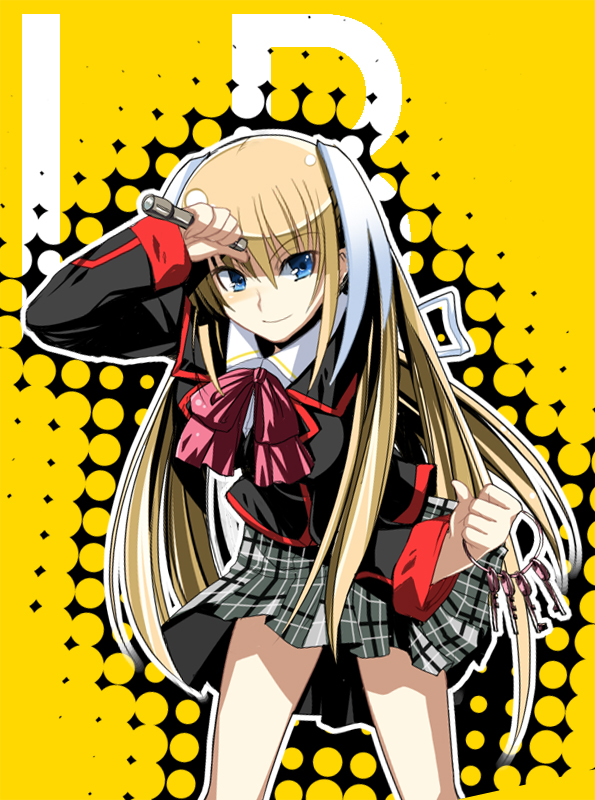 hirama hirokazu, na mizuumi, tokido saya, little busters!, 1girl, blonde hair, bow, bowtie, closed mouth, female focus, long hair, looking at viewer, miniskirt, pink bow, plaid clothes, plaid skirt, pleated skirt, red bow, red bowtie, school uniform, serafuku, simple background, skirt, smile, solo, standing, very long hair, yellow background