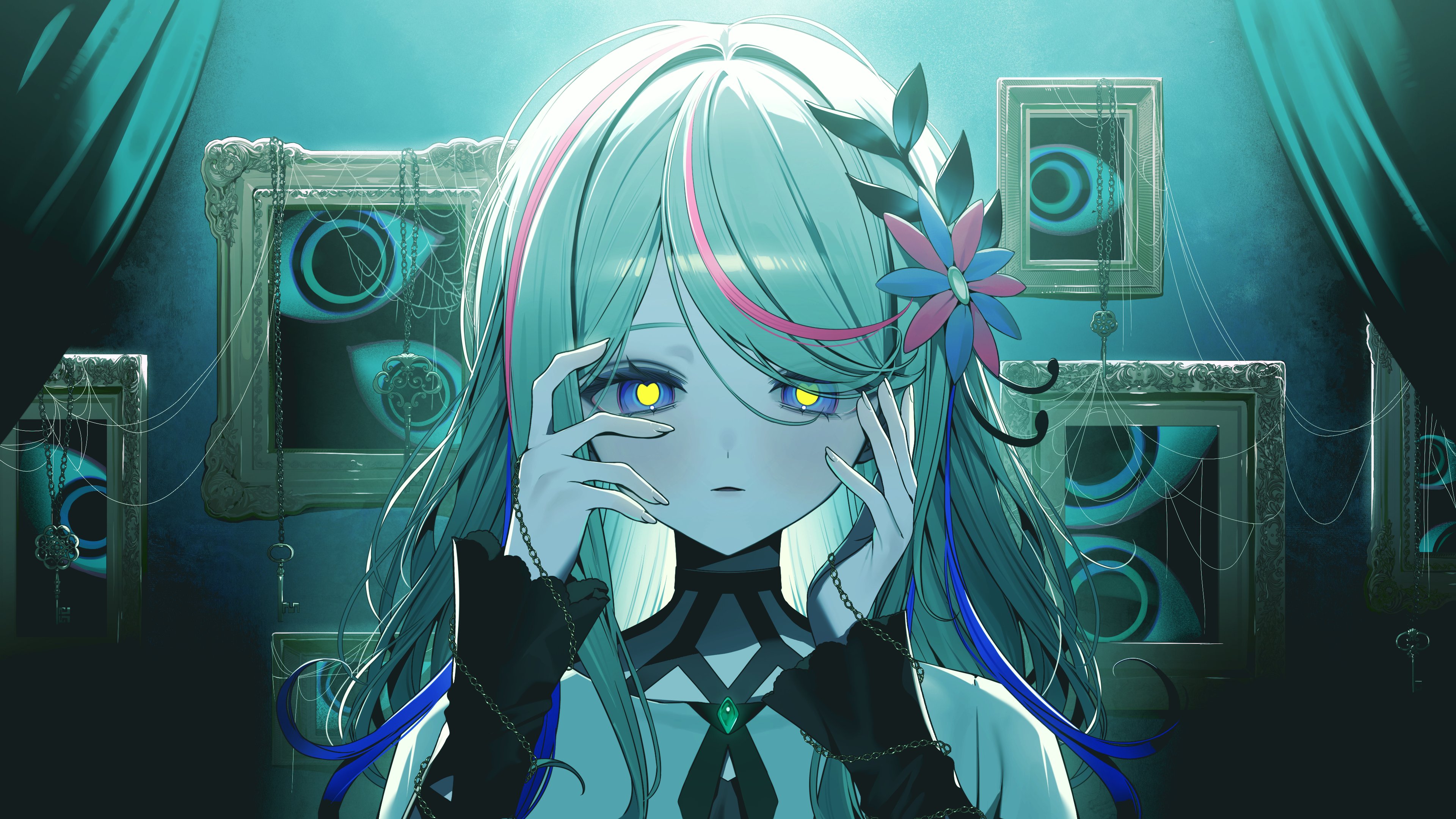 youichi (45 01), hinageshi (girls revolution project), girls revolution project, kamitsubaki studio, absurdres, highres, 1girl, blue eyes, close-up, curtains, hair ornament, hands on own face, long hair, looking at viewer, multicolored hair, parted lips, picture frame, portrait, streaked hair, swept bangs