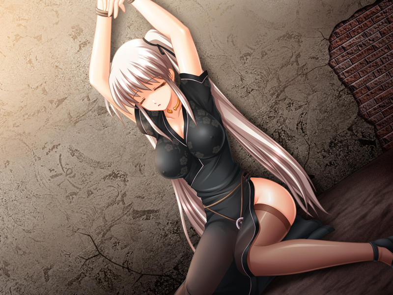 kafu (logaemon), nao (mabinogi), mabinogi, 1girl, bdsm, bondage, bound, breasts, china dress, chinese clothes, cleavage, closed eyes, covered erect nipples, dress, female focus, long hair, rope, solo, thighhighs, twintails