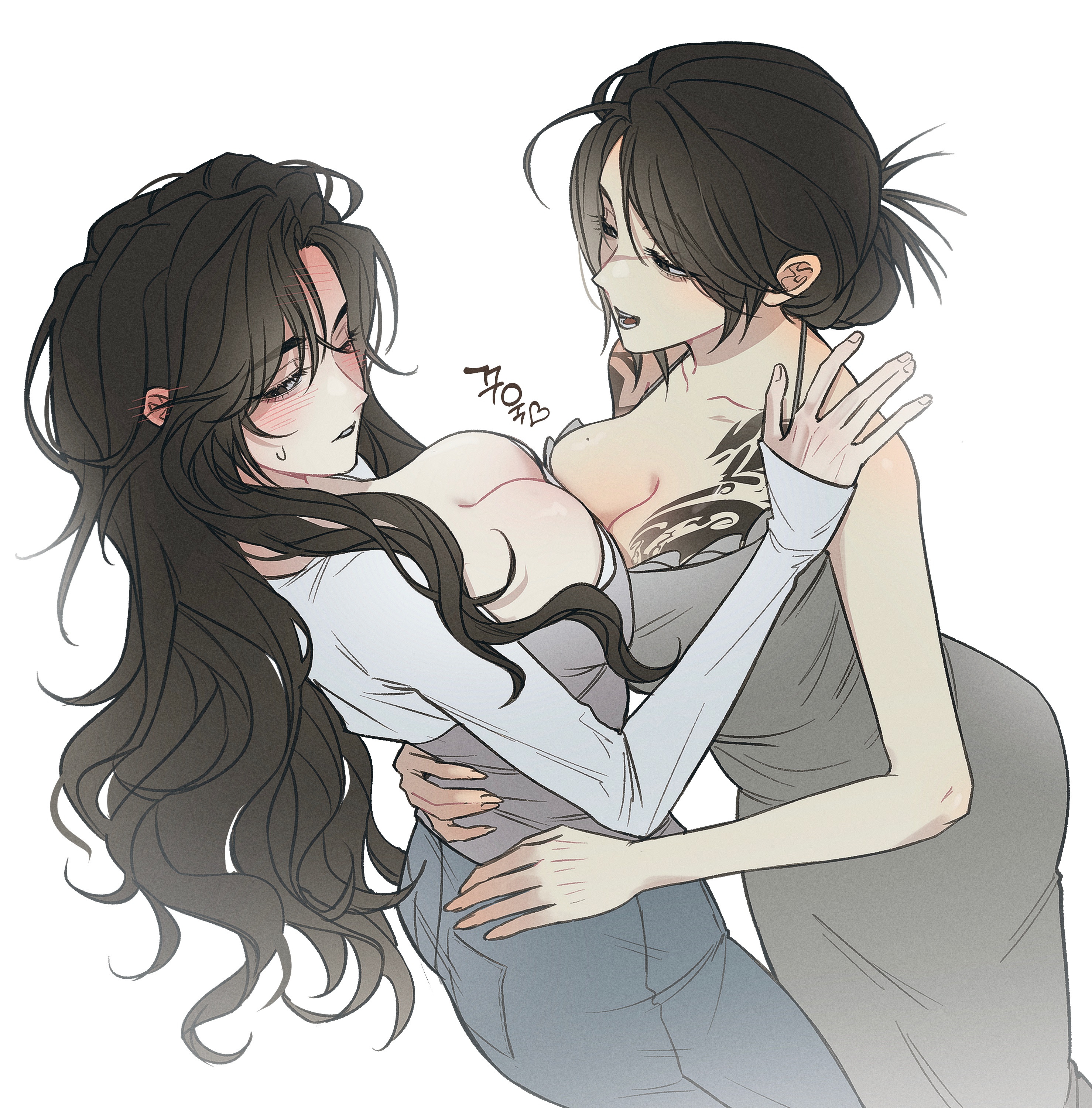 original, absurdres, highres, 2girls, :d, arm tattoo, ass, asymmetrical docking, bare shoulders, black eyes, black hair, blush, breast press, breast tattoo, breasts, cleavage, collarbone, cowboy shot, denim, dongtan dress, dress, dutch angle, ear blush, grey dress, grey shirt, hair bun, halter dress, halterneck, heart, hug, jeans, korean text, large breasts, long hair, long sleeves, looking at another, looking to the side, medium hair, mole, mole on breast, multiple girls, open mouth, pants, parted lips, pushing, pushing away, scar, scar on face, shirt, shoulder tattoo, simple background, sleeveless, sleeveless dress, smile, sweatdrop, swept bangs, tattoo, taut clothes, taut pants, teeth, torso grab, tuiwwoi, wavy hair, white background, white shirt