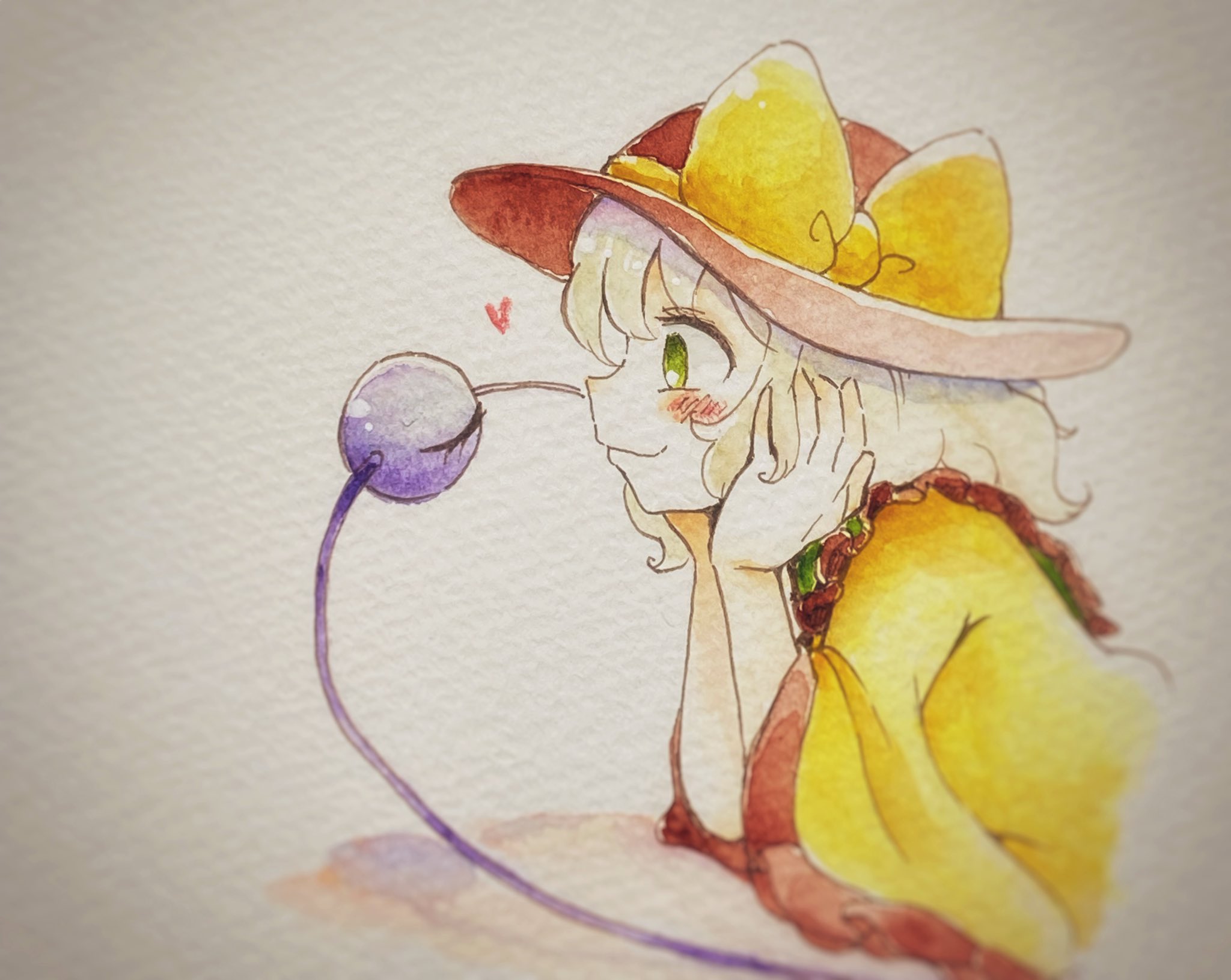 shiro tsugumi, komeiji koishi, touhou, commentary request, highres, traditional media, 1girl, black hat, bow, closed mouth, eyeball, frilled shirt collar, frilled sleeves, frills, green eyes, green hair, hands on own cheeks, hands on own face, hat, hat bow, heart, long sleeves, shirt, smile, third eye, wide sleeves, yellow bow, yellow shirt