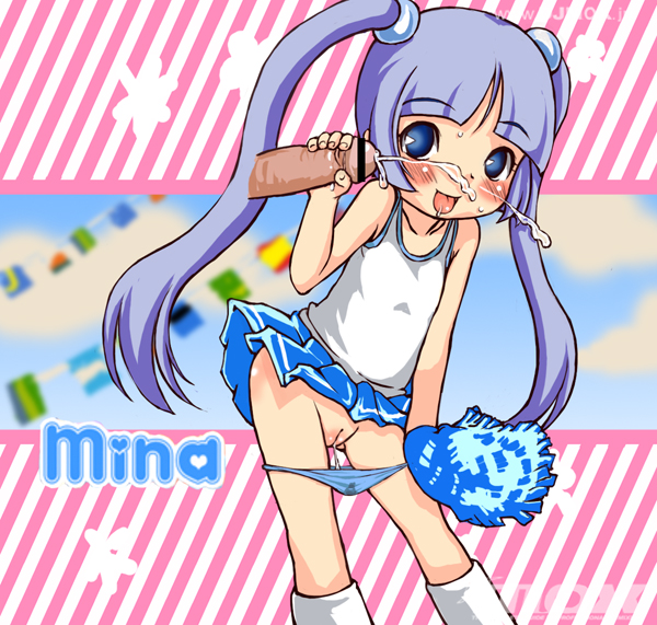 e10, djmax, copyright request, 1girl, bar censor, censored, cheerleader, cleft of venus, cum, disembodied penis, handjob, loli, panties, panty pull, penis, pom pom (cheerleading), pussy, solo, twintails, underwear