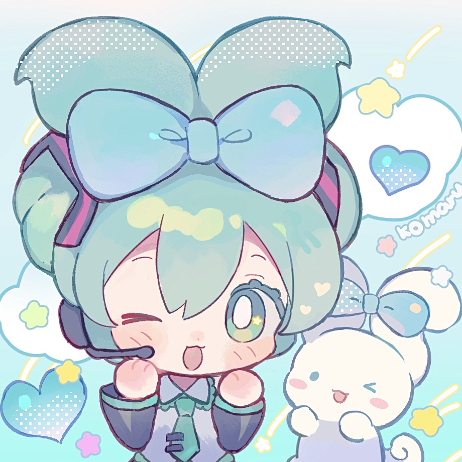 milkyway080, cinnamiku, cinnamoroll, hatsune miku, fuwa fuwa cinnamoroll, sanrio, vocaloid, commentary request, > o, 1girl, :3, ;d, black sleeves, blue background, blue bow, blue eyes, blue hair, blue necktie, blush, bow, bright pupils, chibi, chibi only, collared shirt, detached sleeves, double-parted bangs, hair between eyes, hair bow, hands up, headset, heart, long sleeves, looking at viewer, necktie, one eye closed, open mouth, shirt, short hair, sleeveless, sleeveless shirt, smile, solo, tie clip, twintails, updo, upper body, white pupils