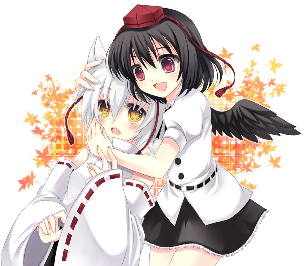 takase kanan, inubashiri momiji, shameimaru aya, touhou, bad id, bad pixiv id, 2girls, animal ears, black hair, blush, detached sleeves, fang, female focus, from behind, happy, hat, hug, hug from behind, japanese clothes, multiple girls, open mouth, red eyes, short hair, shy, skirt, smile, surprised, tokin hat, white hair, wings, yellow eyes, yuri