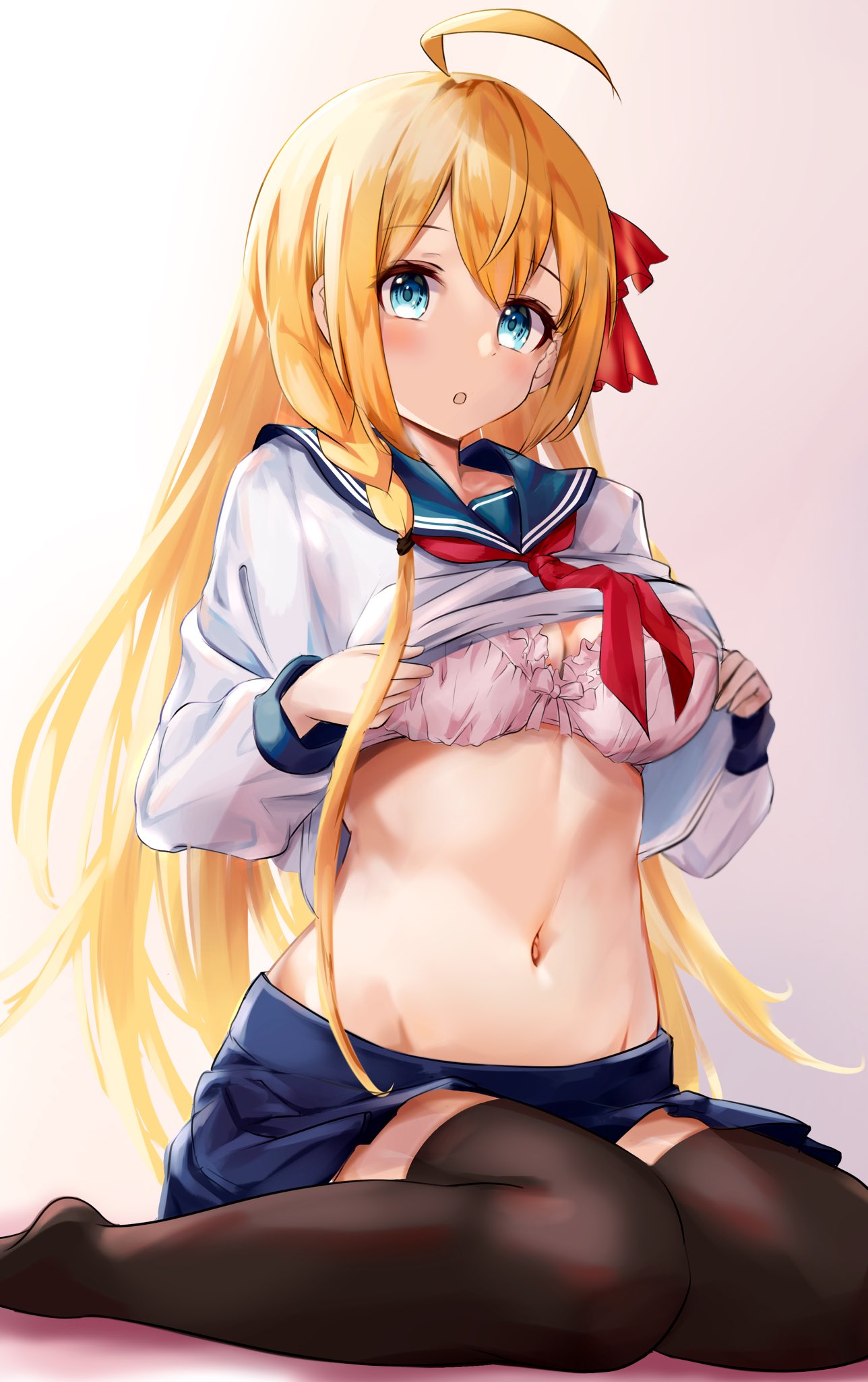 miyama mizuki (hoshihoshi1220), pecorine (princess connect!), princess connect!, commentary request, highres, 1girl, :o, ahoge, aqua eyes, black thighhighs, blonde hair, blue sailor collar, blue skirt, blush, bow, bow bra, bra, breasts, clothes lift, double-parted bangs, full body, gradient background, grey background, groin, large breasts, lifting own clothes, long hair, long sleeves, looking at viewer, miniskirt, navel, neckerchief, no shoes, parted lips, pink bra, red neckerchief, sailor collar, school uniform, serafuku, shirt, shirt lift, skirt, solo, stomach, straight hair, thighhighs, underwear, very long hair, white shirt