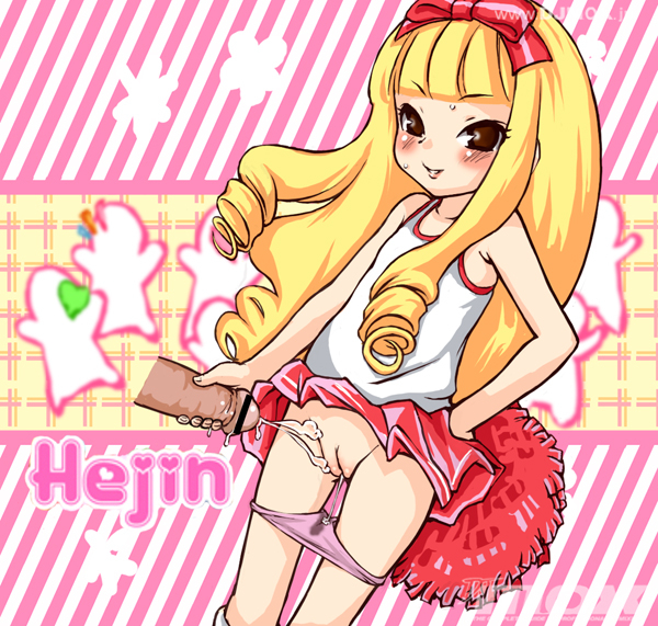 e10, djmax, djmax portable, original, copyright request, 1girl, bar censor, blonde hair, blush, censored, cheerleader, cleft of venus, cum, cum in pussy, cum on body, cum on lower body, cum on pussy, drill hair, handjob, loli, naughty face, panties, panty pull, penis, pom pom (cheerleading), pussy, solo focus, underwear