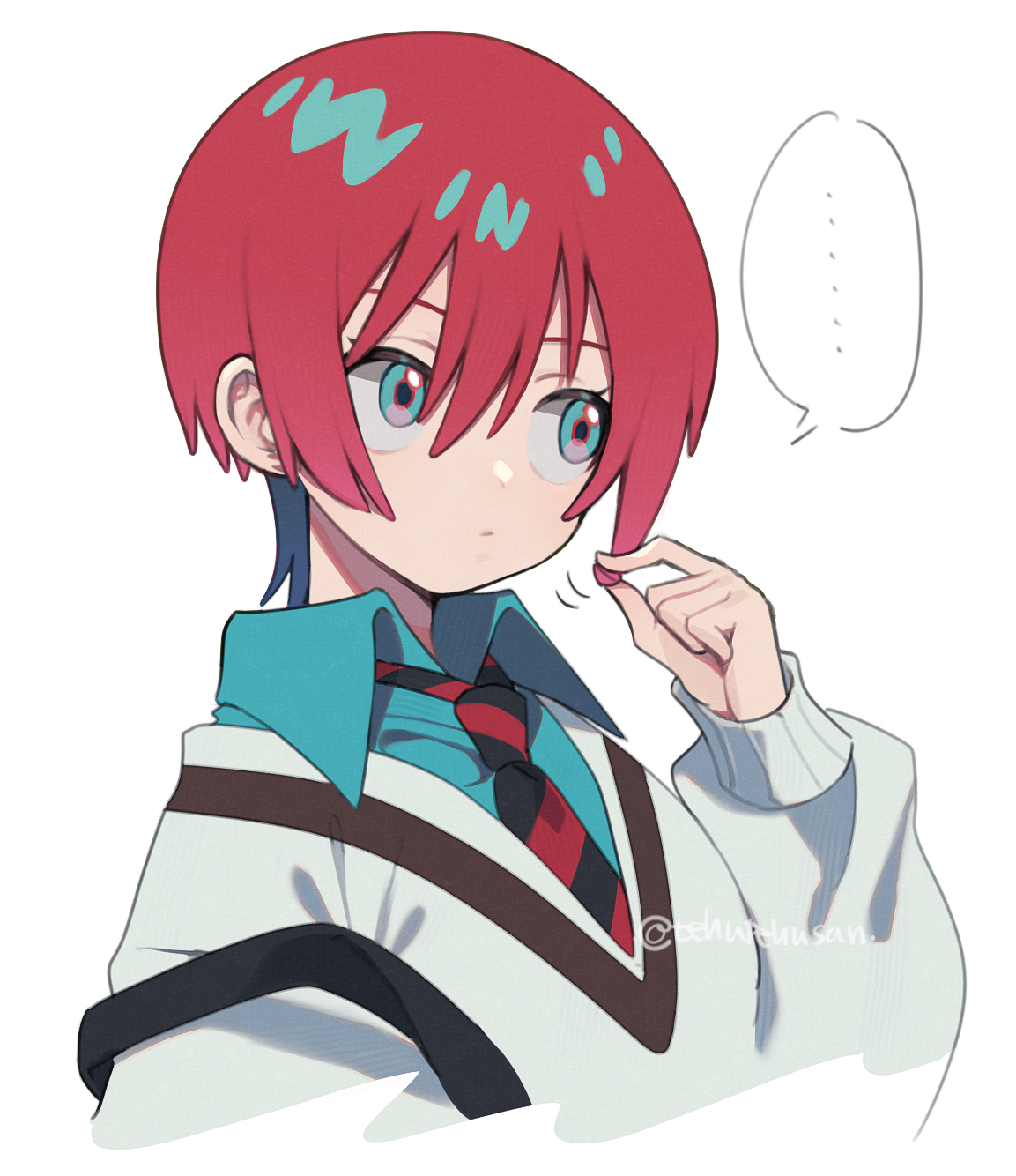 murata tefu, amate yuzuriha, gundam, gundam gquuuuuux, highres, …, 1girl, aqua eyes, aqua shirt, black necktie, cardigan, collared shirt, diagonal-striped clothes, diagonal-striped necktie, hair between eyes, long sleeves, multicolored eyes, multicolored hair, necktie, playing with own hair, red hair, red necktie, school uniform, shirt, short hair, solo, spoken ellipsis, striped clothes, sweater, twitter username, two-tone eyes, two-tone hair, upper body, watermark, white background, white cardigan, white sweater