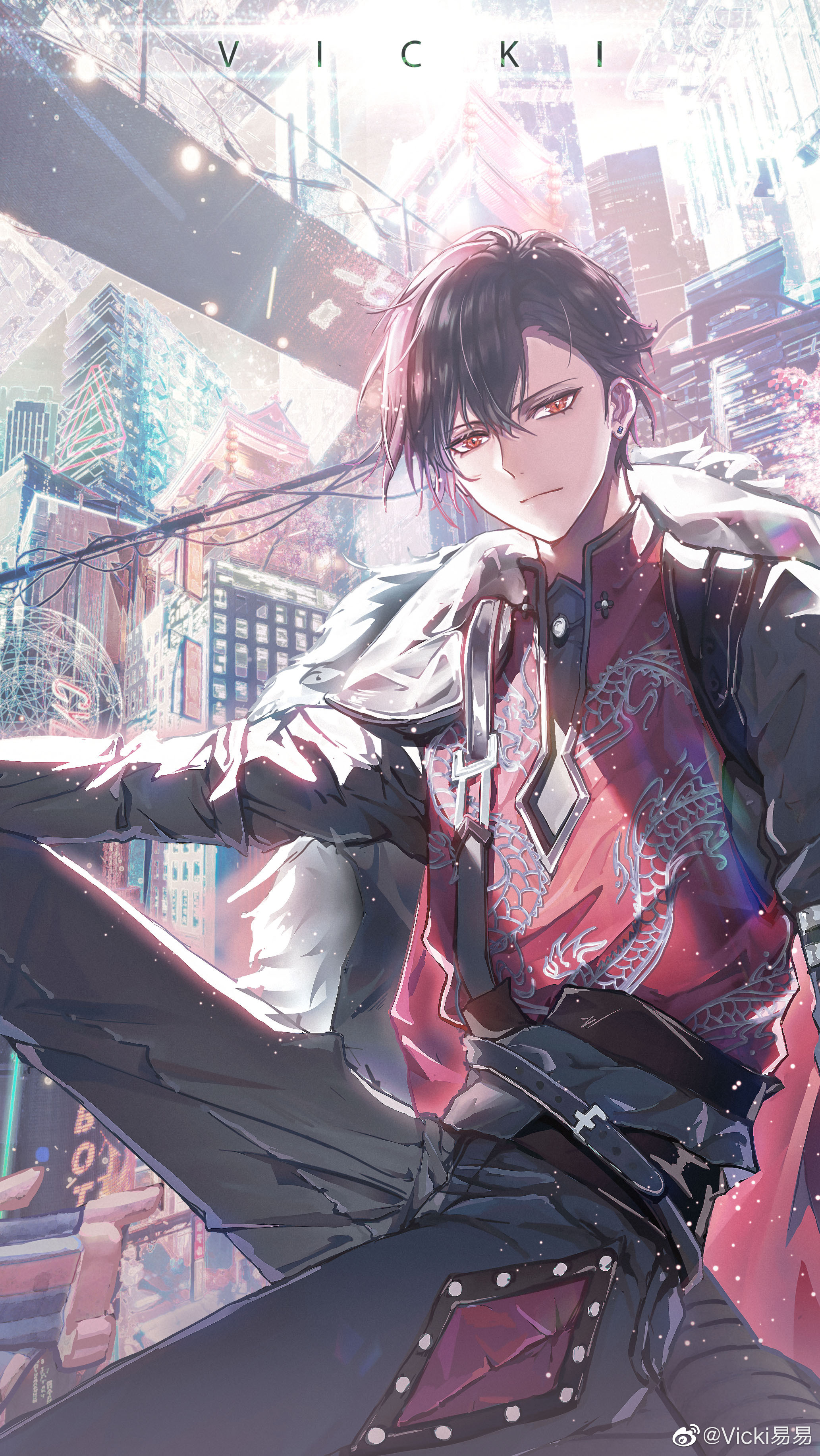 vicki yiyi, ayn alwyn, ayn alwyn (awakening), lovebrush chronicles, absurdres, chinese commentary, highres, 1boy, architecture, arm on knee, arm support, artist name, belt, black belt, black coat, black hair, black pants, black shirt, bridge, building, cherry blossoms, cityscape, closed mouth, coat, coat on shoulders, cowboy shot, diamond-shaped earrings, diamond (shape), dragon print, earrings, east asian architecture, expressionless, flower, fur-trimmed coat, fur trim, hair behind ear, hair between eyes, jewelry, knee up, light particles, long sleeves, looking at viewer, male focus, on roof, pants, pink flower, power lines, red coat, red eyes, red vest, science fiction, shirt, short hair, sitting, skyscraper, solo, stud earrings, sun, tree, two-sided coat, two-sided fabric, vest, watermark, weibo watermark