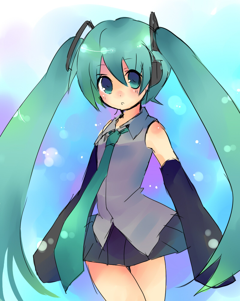 kobanzame, hatsune miku, vocaloid, bad id, bad pixiv id, 1girl, aqua eyes, aqua hair, bare shoulders, detached sleeves, female focus, long hair, pleated skirt, shirt, sketch, skirt, sleeveless, sleeveless shirt, solo, twintails, very long hair