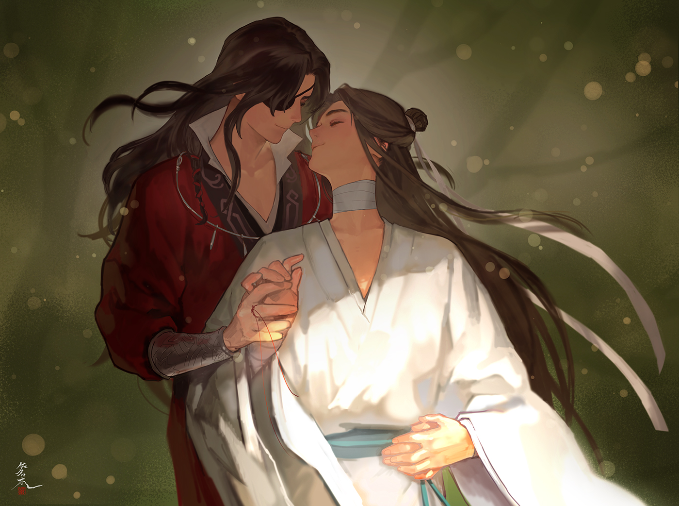 hua cheng, xie lian, tianguan cifu, silver necklace, 2boys, bandaged neck, bandaged wrist, bandages, bare tree, black hair, blurry, bokeh, bracelet, brown background, brown hair, chinese clothes, closed eyes, closed mouth, collarbone, couple, curtained hair, depth of field, eyelashes, eyepatch, face-to-face, floating hair, front-to-back, gradient background, hair bun, hair ribbon, hand on another's waist, hand on own hip, hand up, hanfu, happy, head down, head tilt, height difference, high collar, holding hands, imminent kiss, interlocked fingers, jewelry, light particles, light smile, long hair, long sidelocks, male focus, multiple boys, necklace, parted bangs, puffy sleeves, red hanfu, ribbon, sanagi karipuri, shade, sidelighting, sidelocks, signature, silhouette, silver bracelet, simple background, single hair bun, standing, straight hair, string, string around finger, string of fate, swept bangs, tree, upper body, very long hair, wavy hair, white hanfu, white ribbon, wide sleeves, yaoi, yuanlingpao